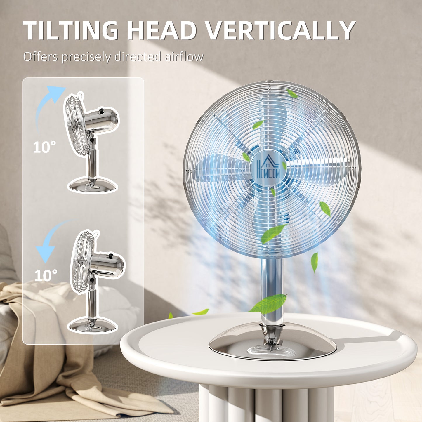 HOMCOM Three Speed Oscillating Desk Fan With 12 Inch Metal Blades And Copper Motor 75 Degree Oscillation Manual Tilt