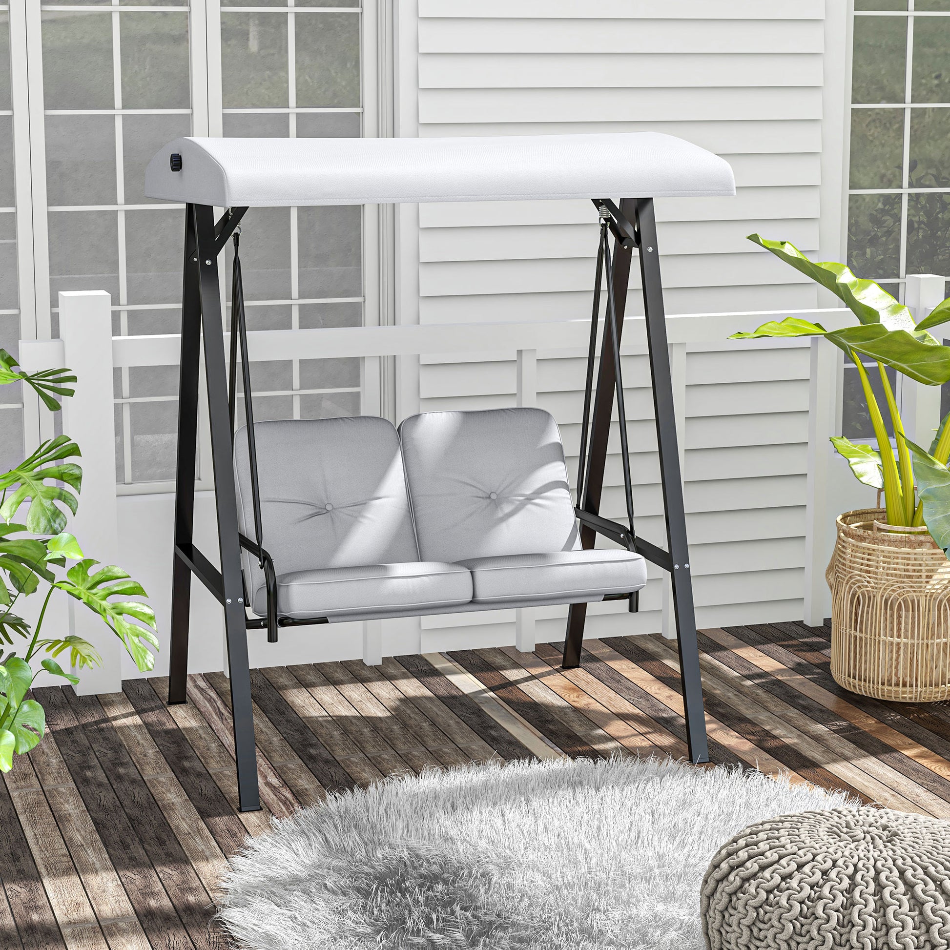 Outsunny Light Grey 2-Seater Outdoor Swing Chair with Adjustable Canopy and Steel Frame - ALL4U RETAILER LTD