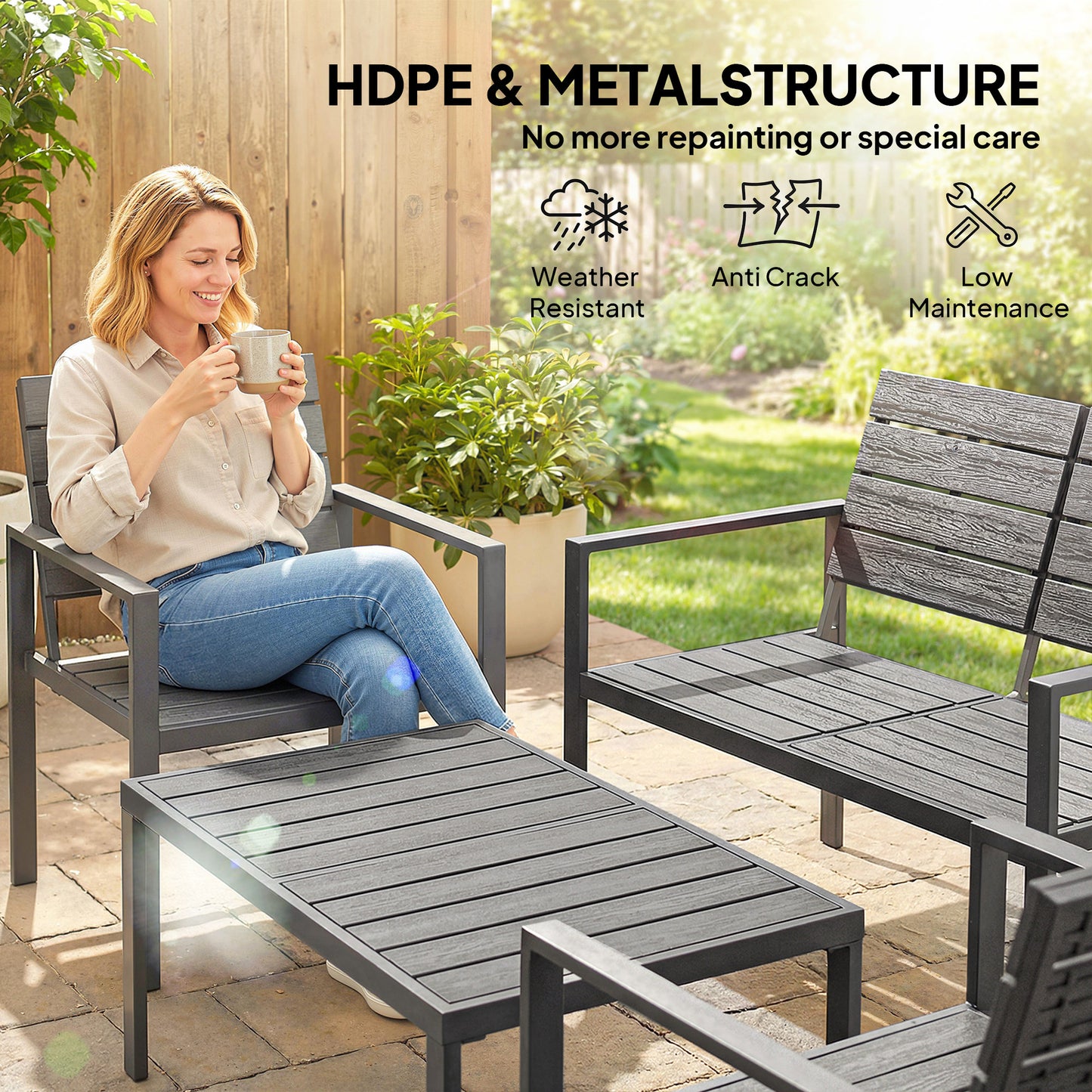 Outsunny 4 Piece Outdoor Garden Furniture Set HDPE Slatted Loveseat Armchairs Coffee Table Metal Frame Dark Grey