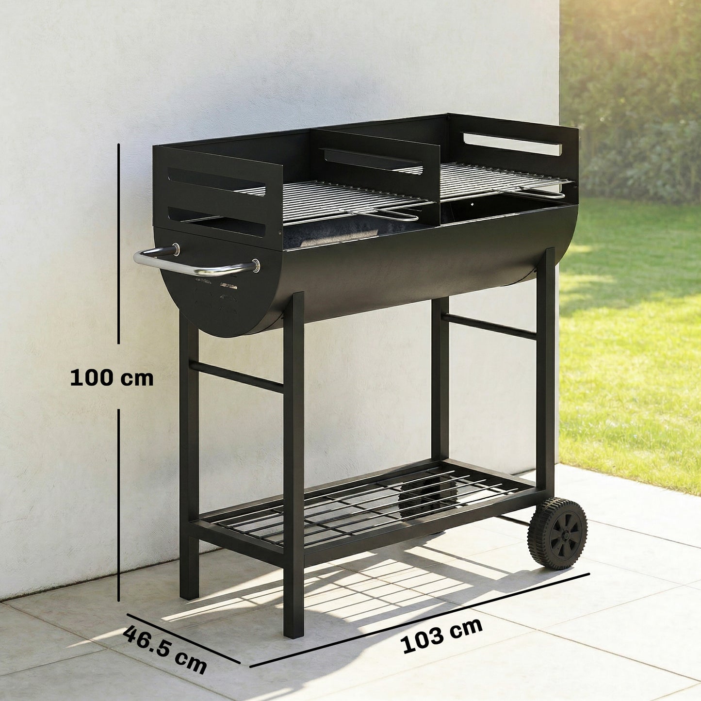 Outsunny Charcoal Grill With Dual Cooking Zones Portable BBQ Trolley Wheels Height Adjustable Grates And Bottom Shelf