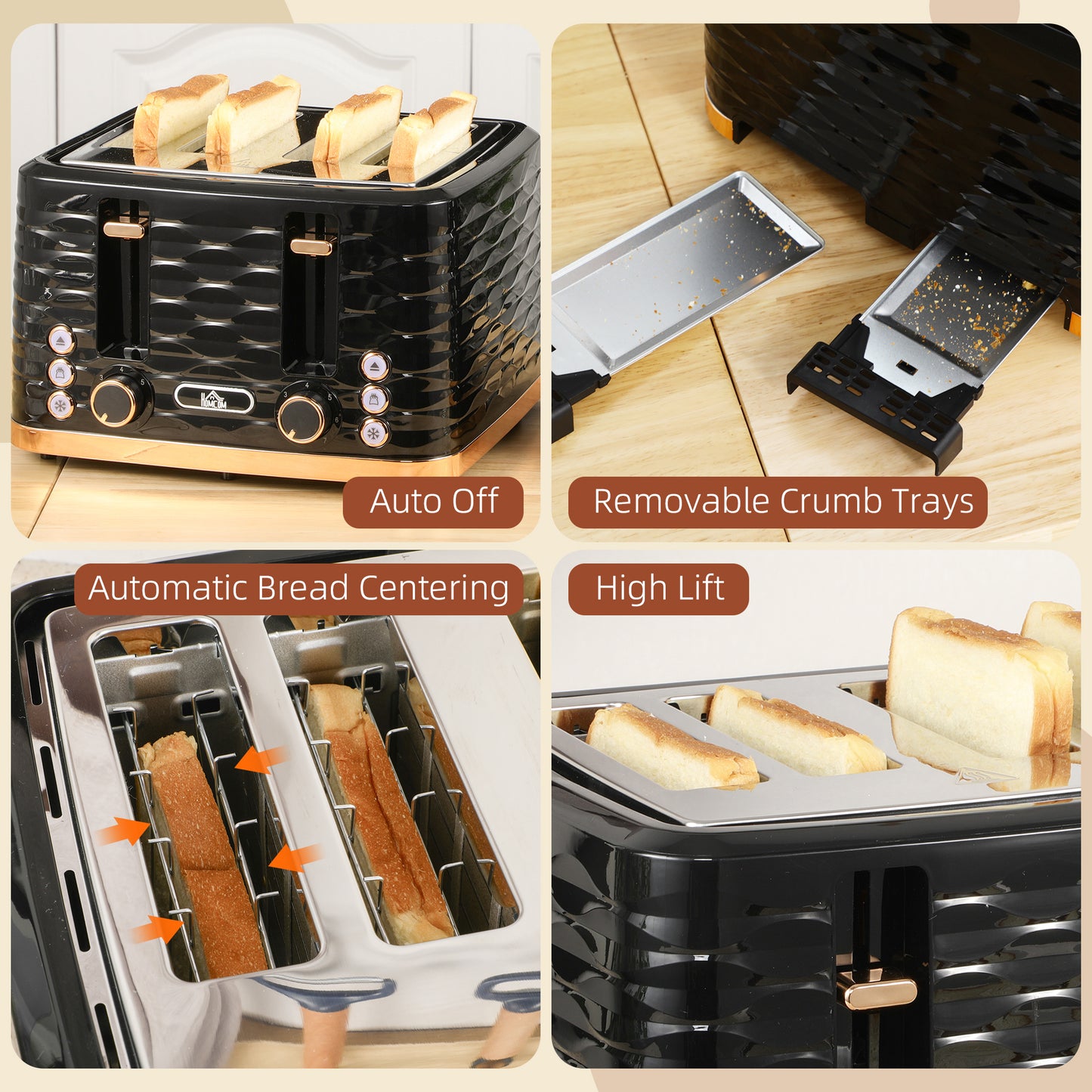 HOMCOM Four Slice Rippled Toaster Black With Seven Toasting Levels And Automatic Centering For Even Toasting