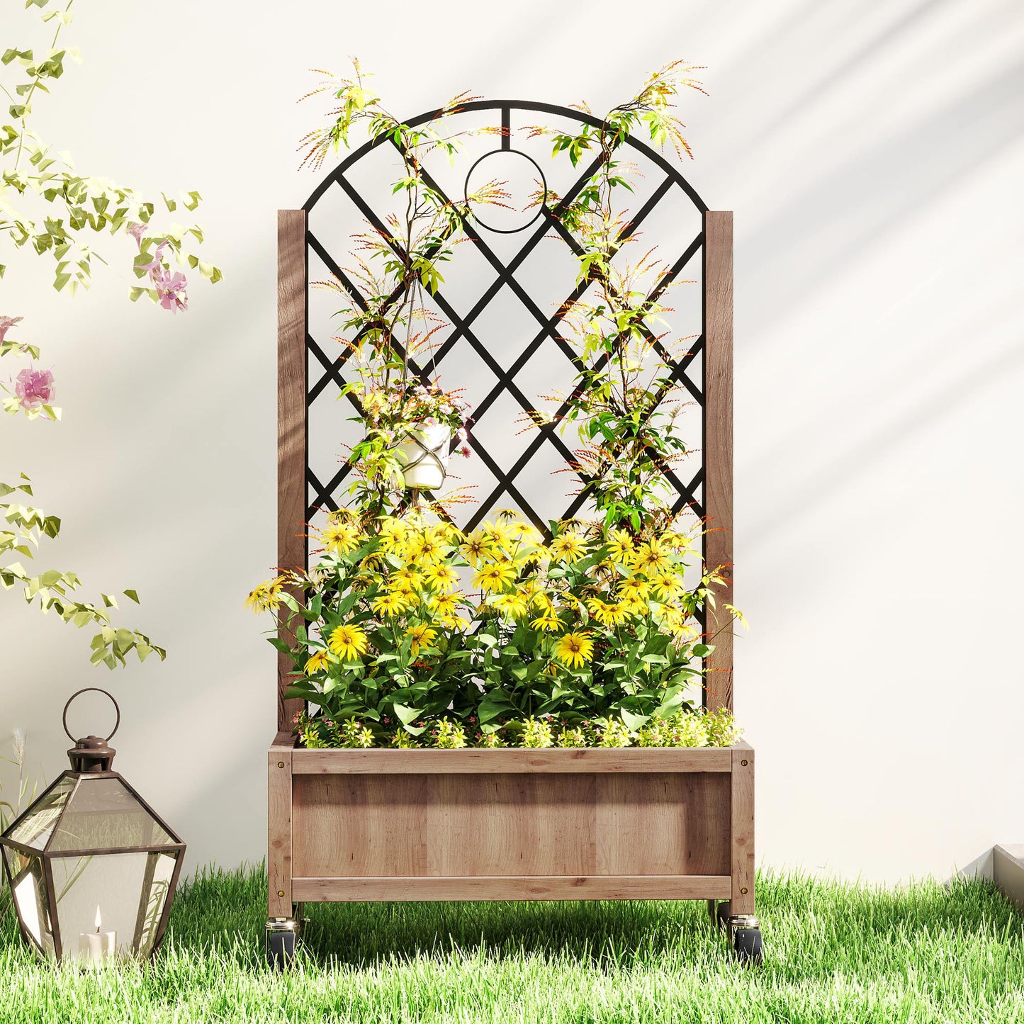Outsunny Wooden Planter With Metal Trellis On Wheels Two In One 20x47cm Diamond Shaped Trellis Brown Black