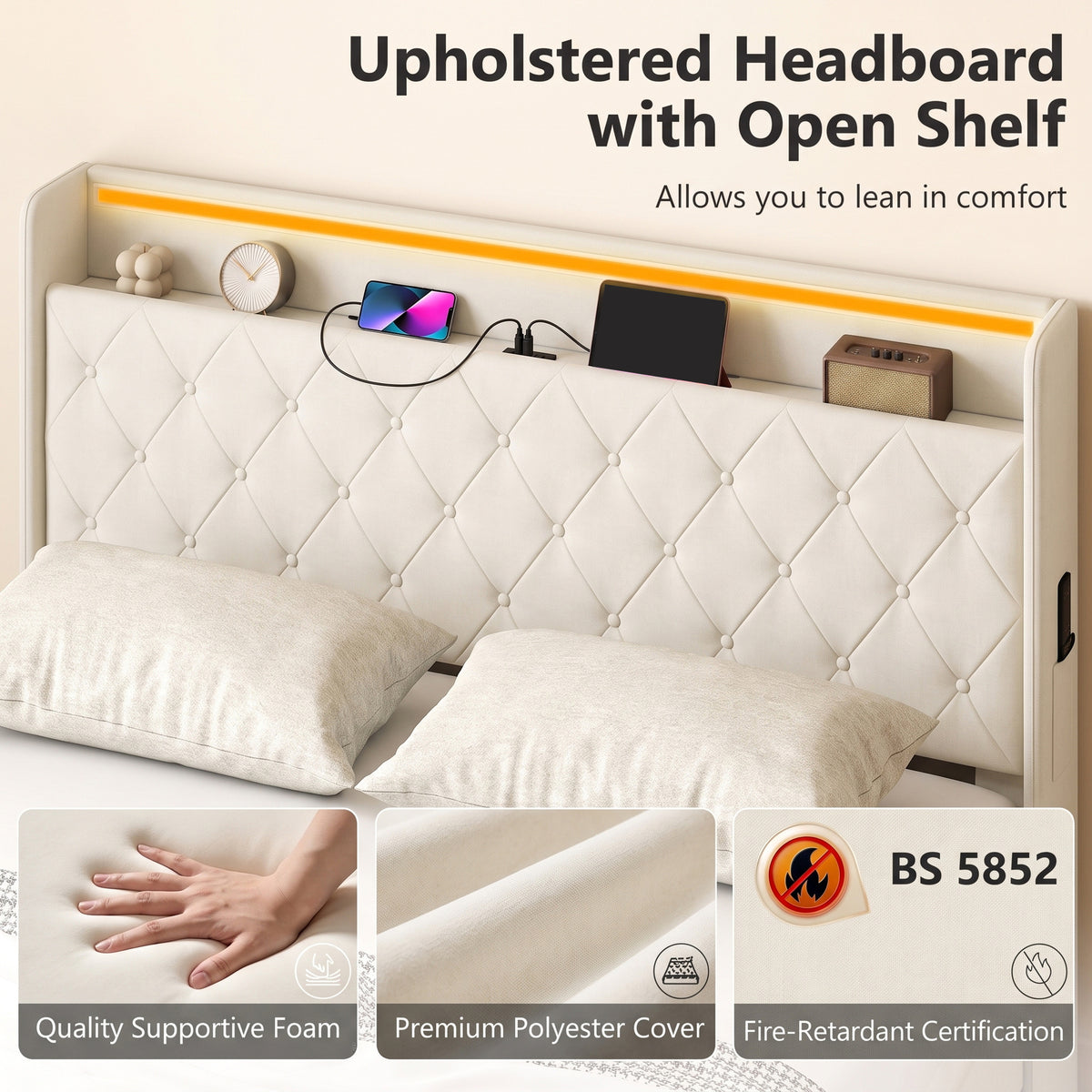 HOMCOM King Bed Frame With Hydraulic Storage Led Charging