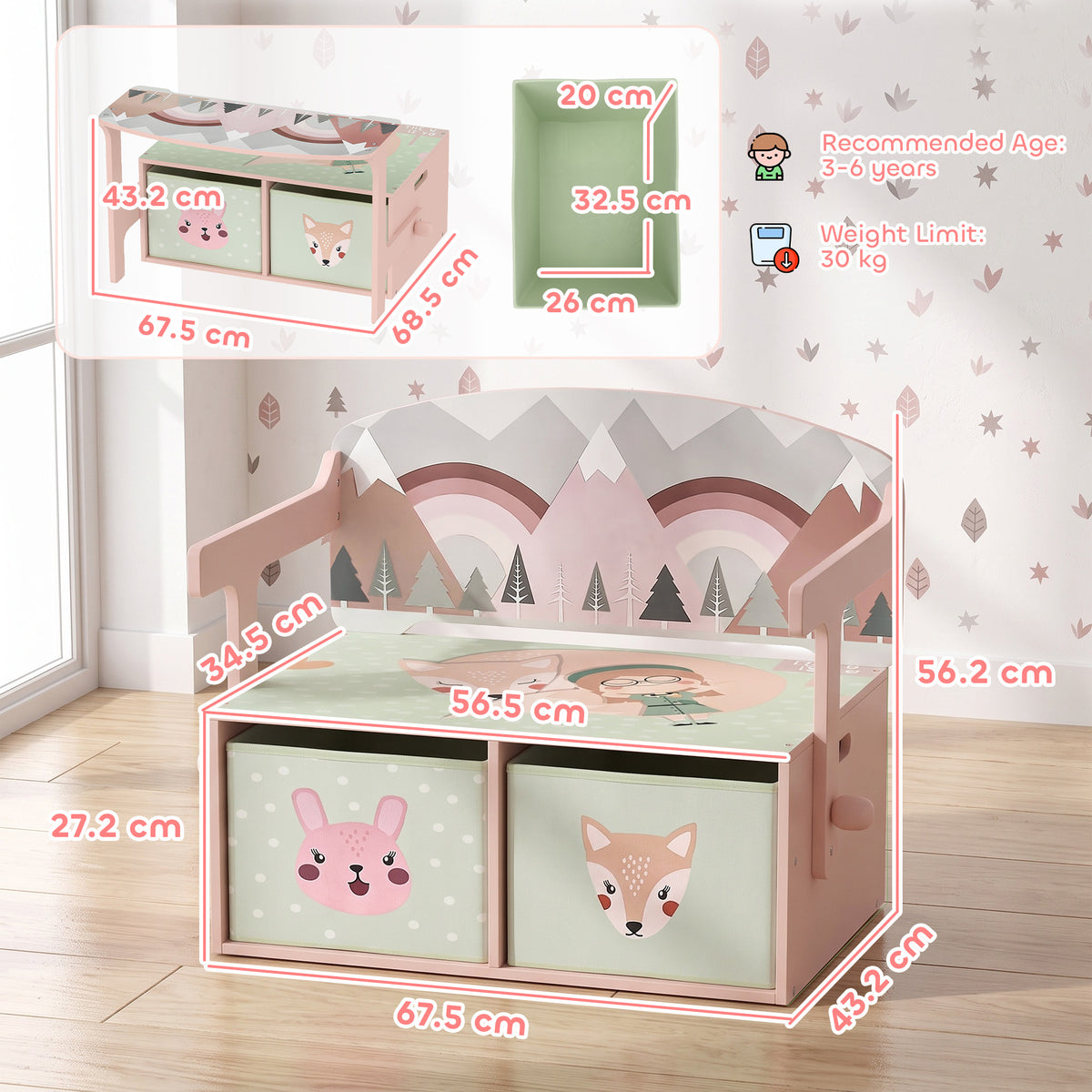 Pink wooden kids storage bench with rabbit and fox face panels, open front cubby