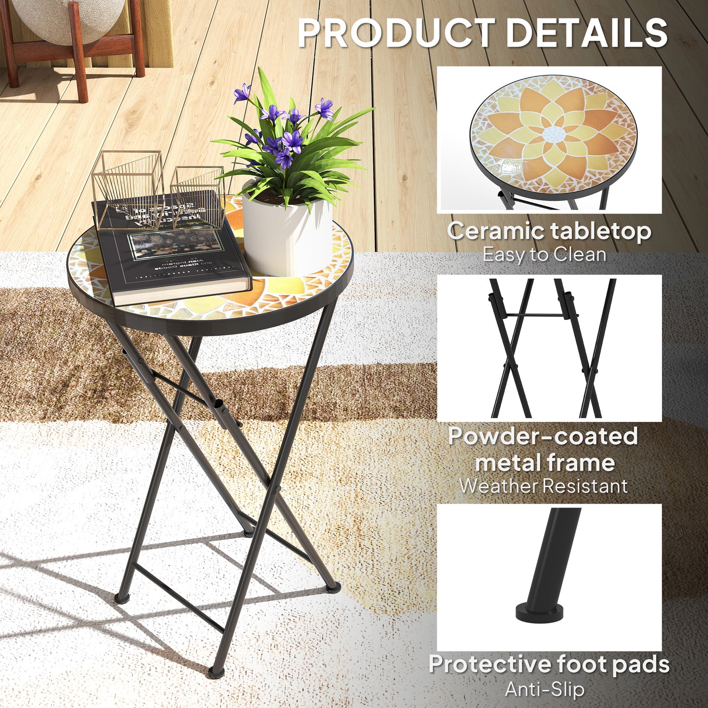 Outsunny Mosaic Round Folding Outdoor Garden Table With Metal Frame 35.5cm Yellow Balcony Terrace Coffee Table