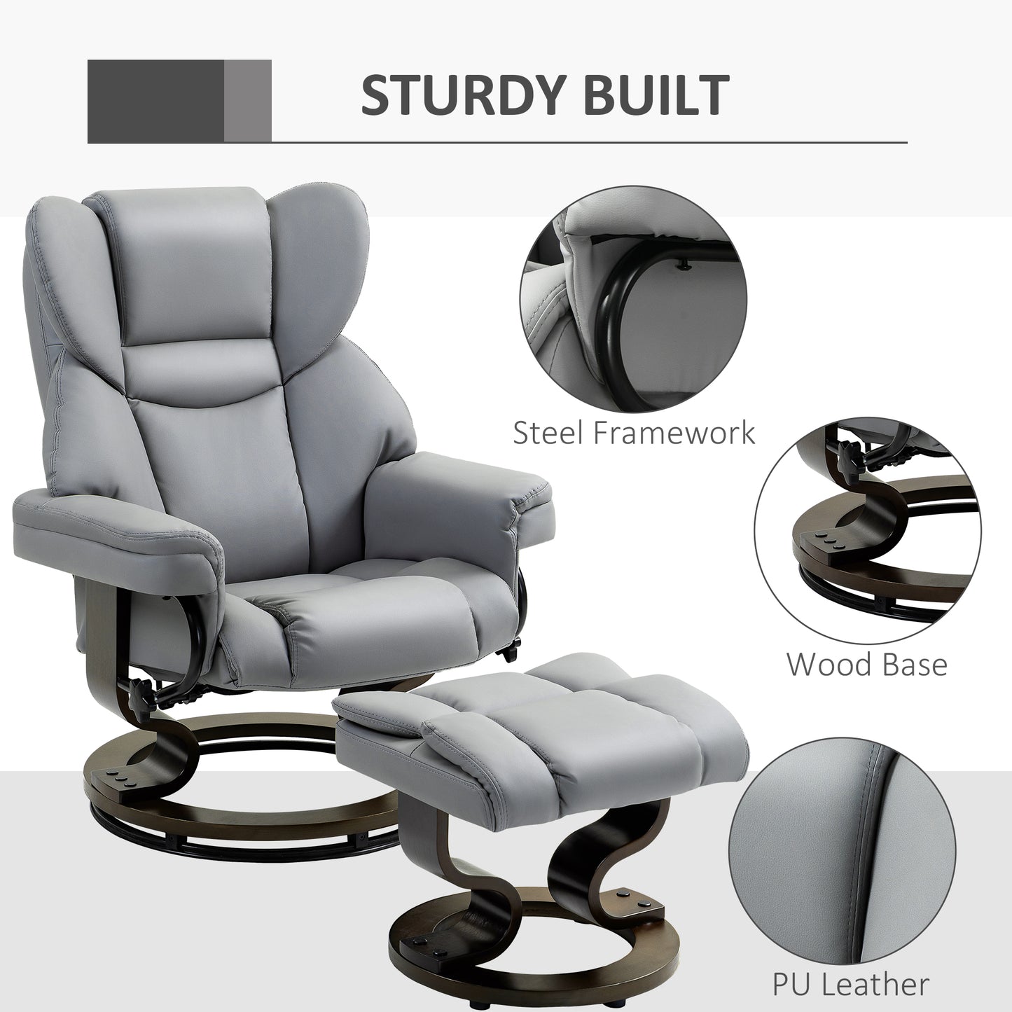 HOMCOM 360 Degree Swivel Recliner Chair With Footstool Light Grey PU Leather Manual Armchair With Solid Wood Base