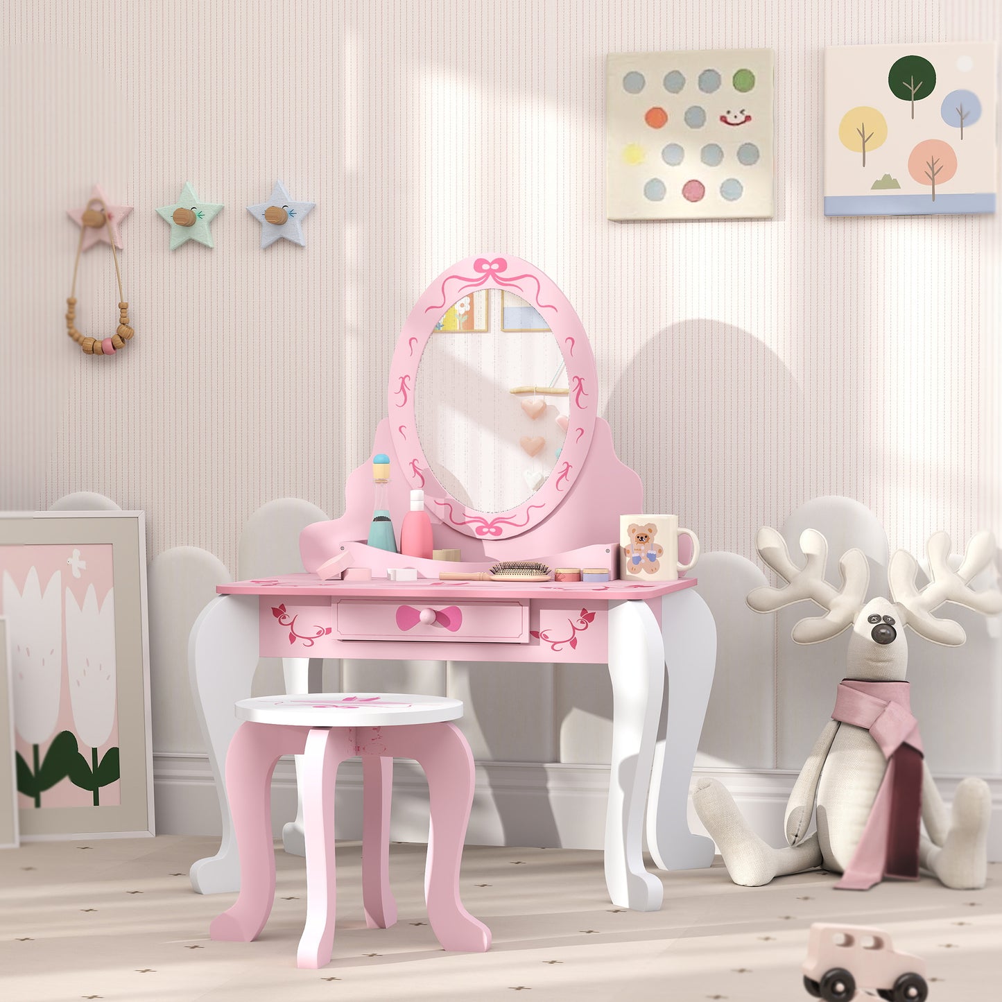 AIYAPLAY Kids Dressing Table Set, Vanity Table With Stool, Mirror, Drawer, Storage, Ballet Theme Pink