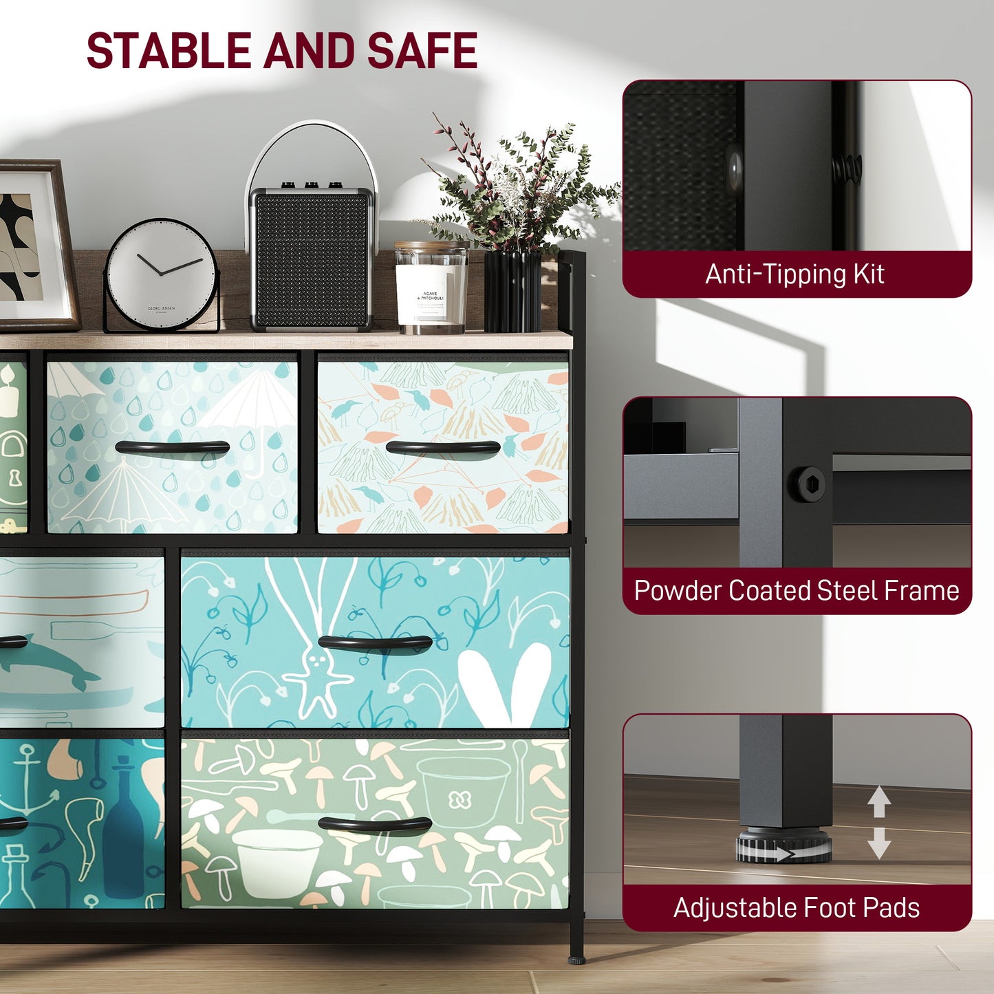HOMCOM 7 Drawer Chest Of Drawers Blue With Removable Foldable Fabric Drawers And Patterned Panels