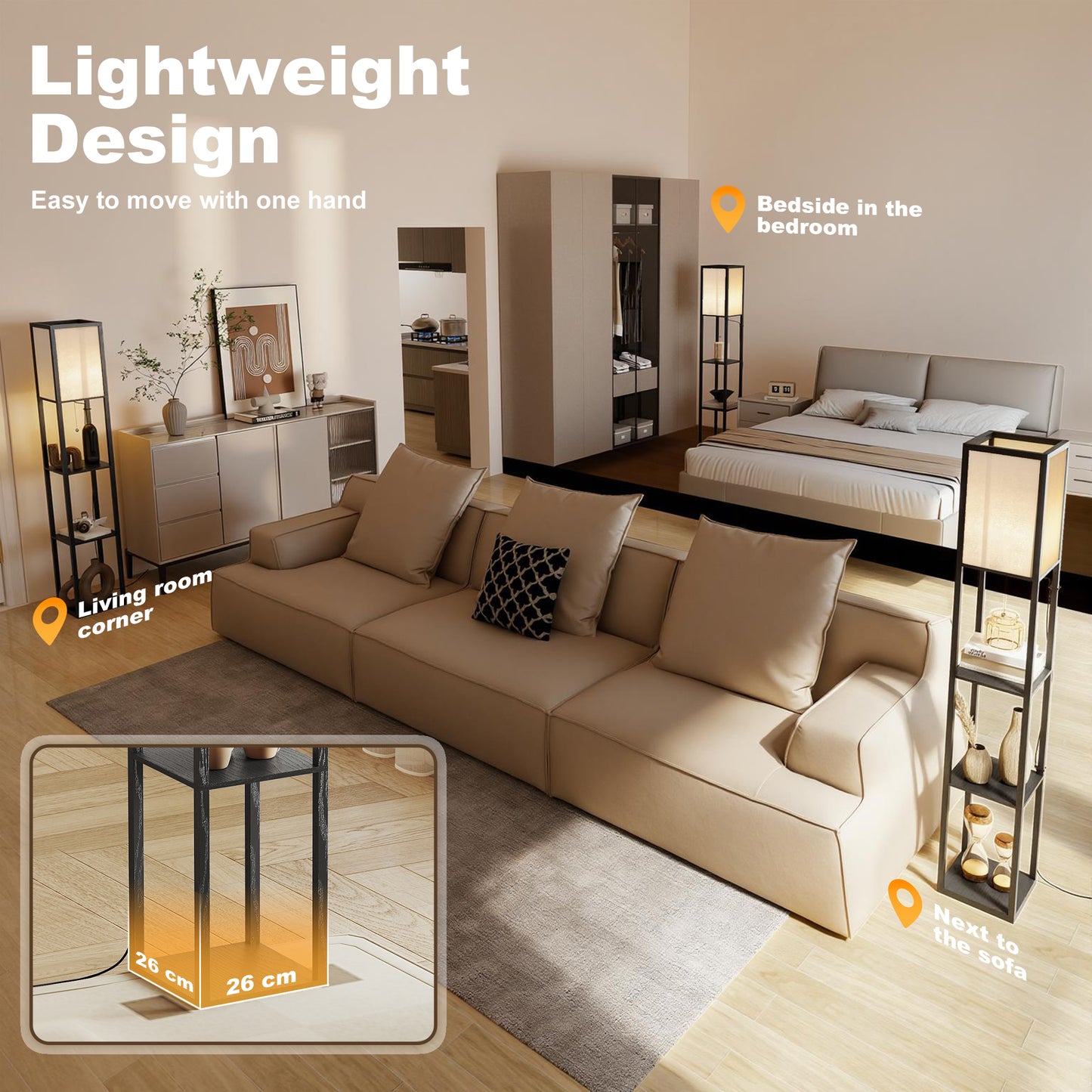 HOMCOM Floor Lamp With Shelves Three Tier Modern Standing Lamp For Living Room Bedroom Office Black Bulb Not Included