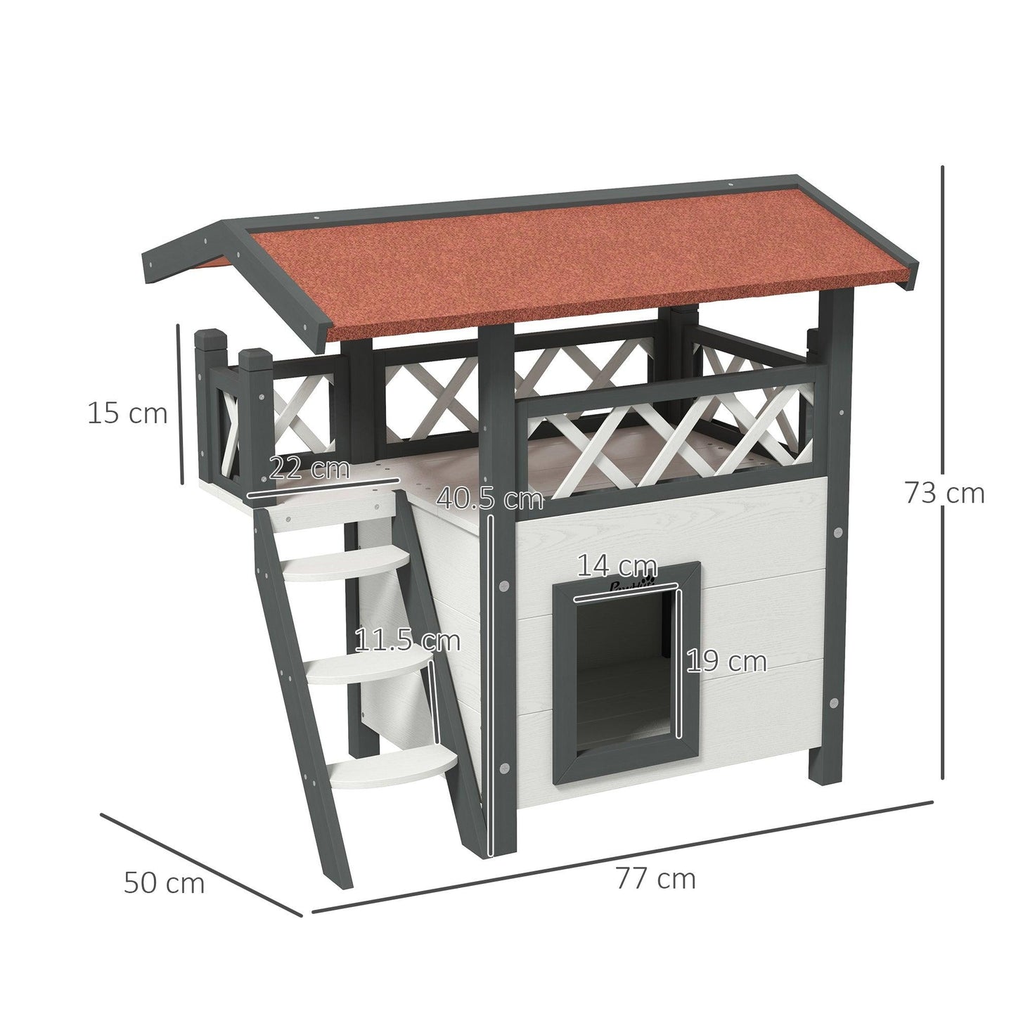 PawHut Outdoor Cat House with Balcony and Roof, 77 x 50 x 73 cm, White - ALL4U RETAILER LTD