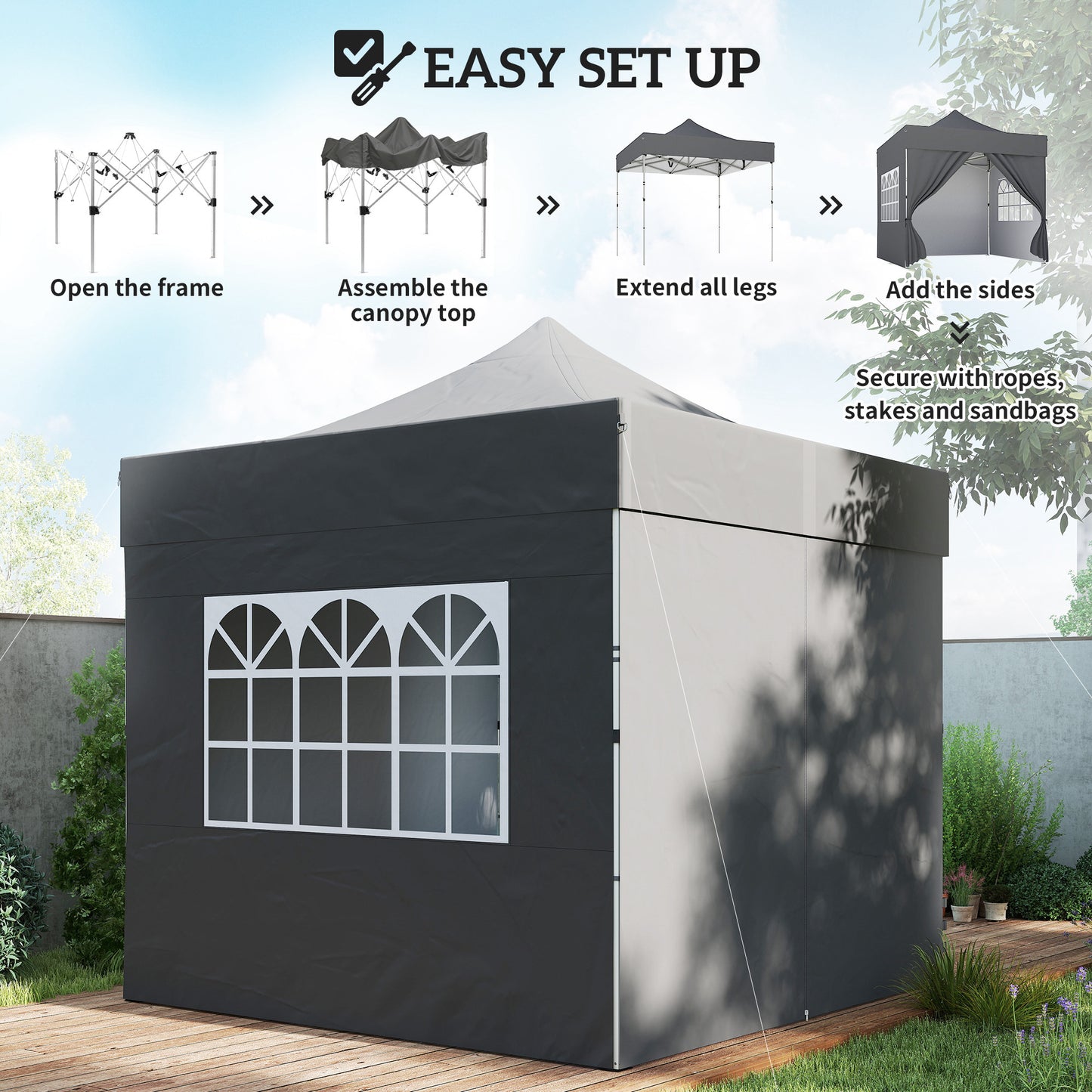 Outsunny 3m By 3m Pop Up Gazebo With Sidewalls UPF 50 Plus Heavy Duty Garden Tent Marquee Dark Grey Wheeled Carry Bag