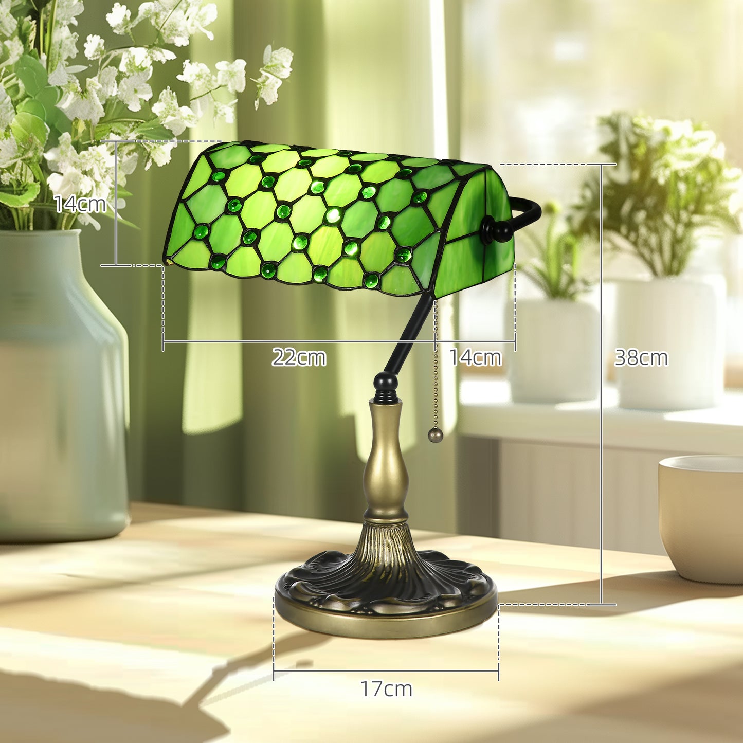 HOMCOM Handcrafted Antique Stained Glass Bedside Lamp with Green Shade for Bedroom and Living Room Decor - ALL4U RETAILER LTD