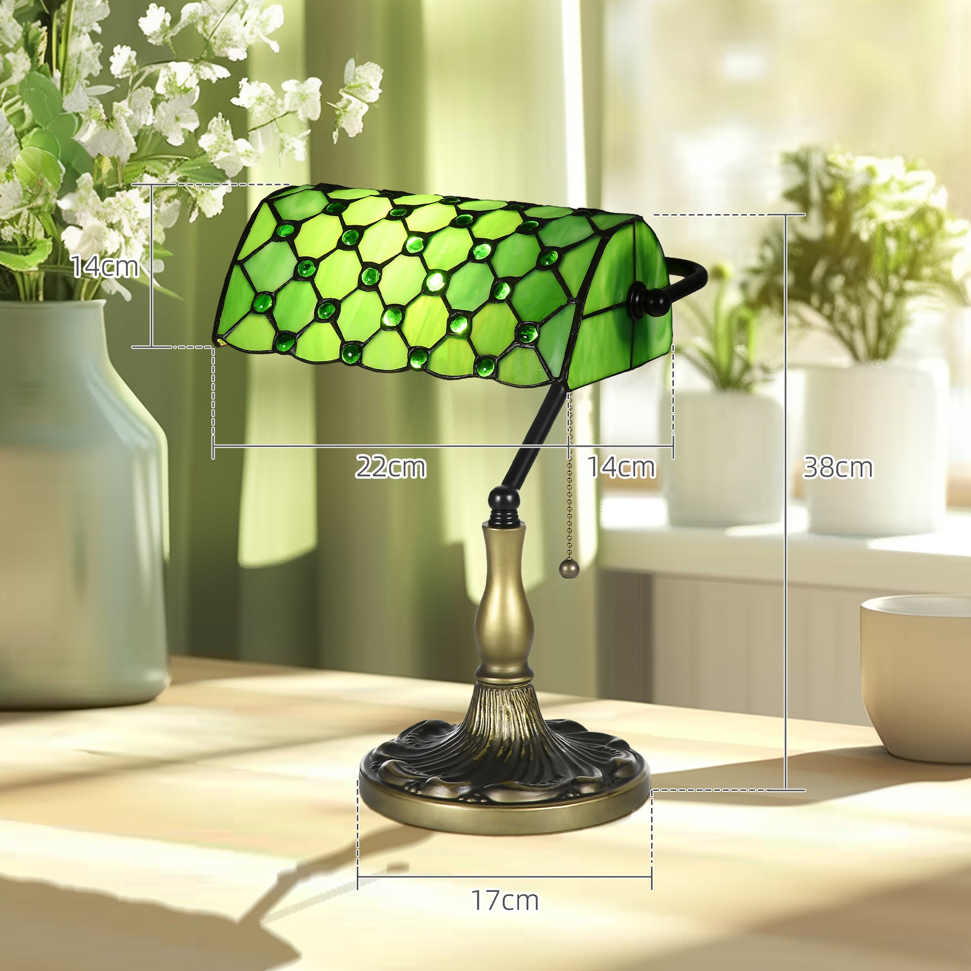 HOMCOM Handcrafted Antique Stained Glass Bedside Lamp with Green Shade for Bedroom and Living Room Decor - ALL4U RETAILER LTD