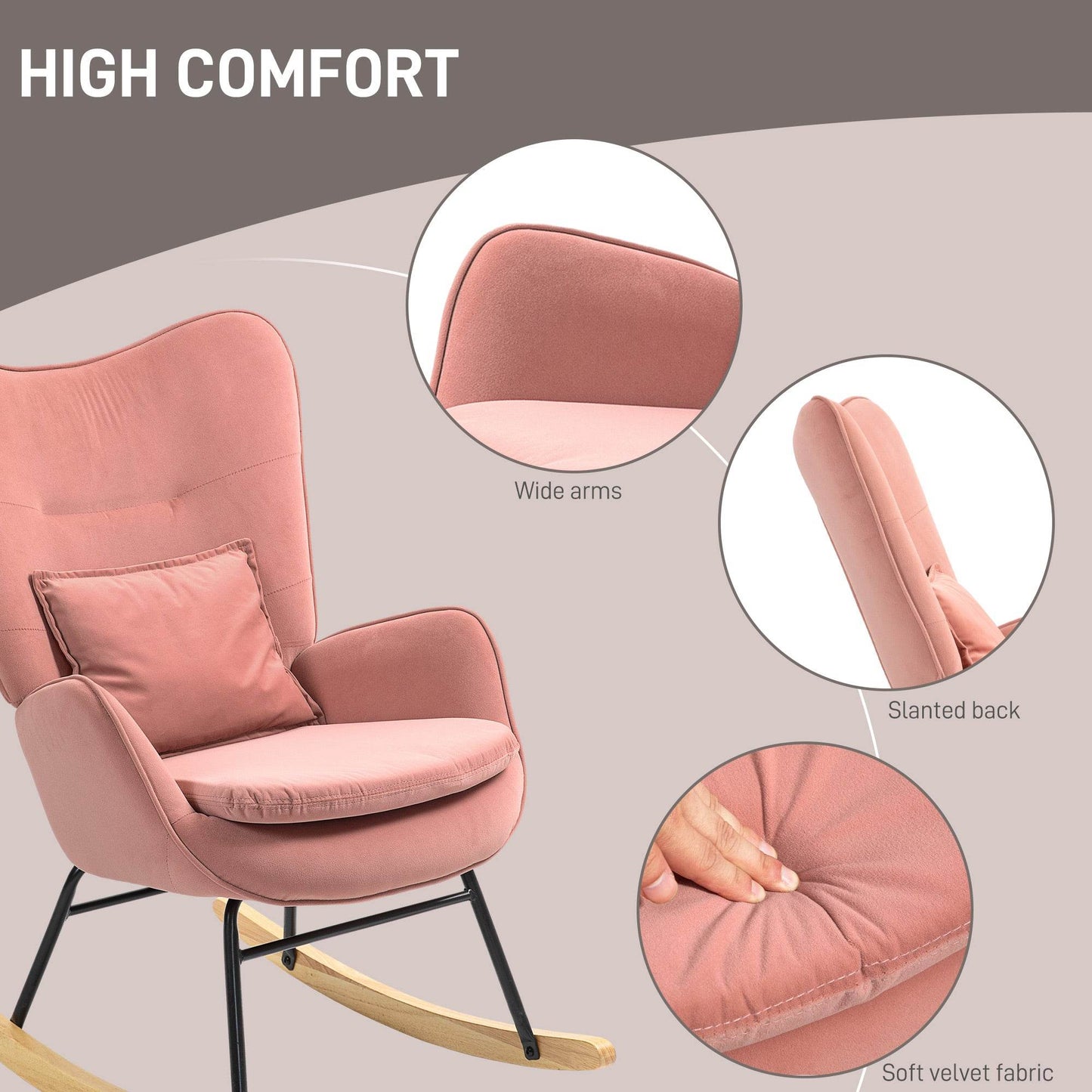 Elegant Pink Velvet Rocking Chair with Lumbar Support and Metal Legs for Living Room and Bedroom - ALL4U RETAILER LTD