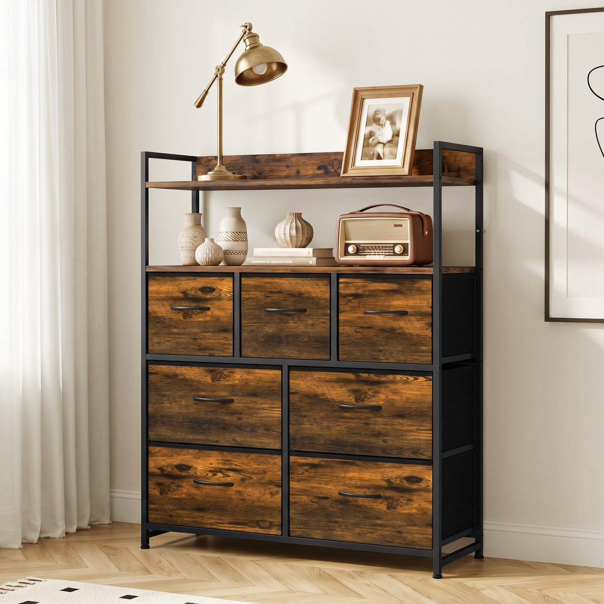 Rustic brown fabric dresser with 7 drawers, open shelves, and metal frame