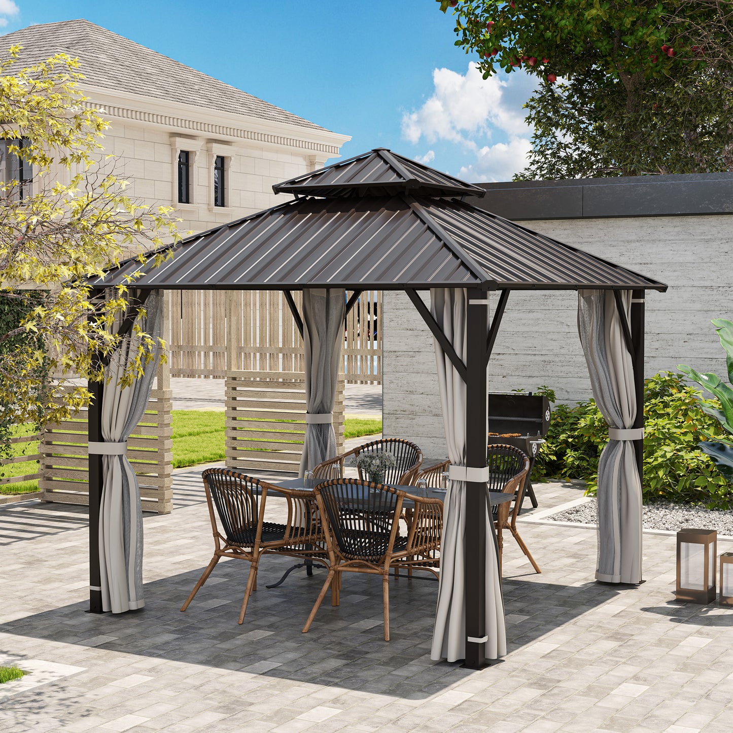 Outsunny 3x3m Hardtop Gazebo With Double Metal Roof Waterproof Permanent Pavilion Garden Netting Curtains Beige