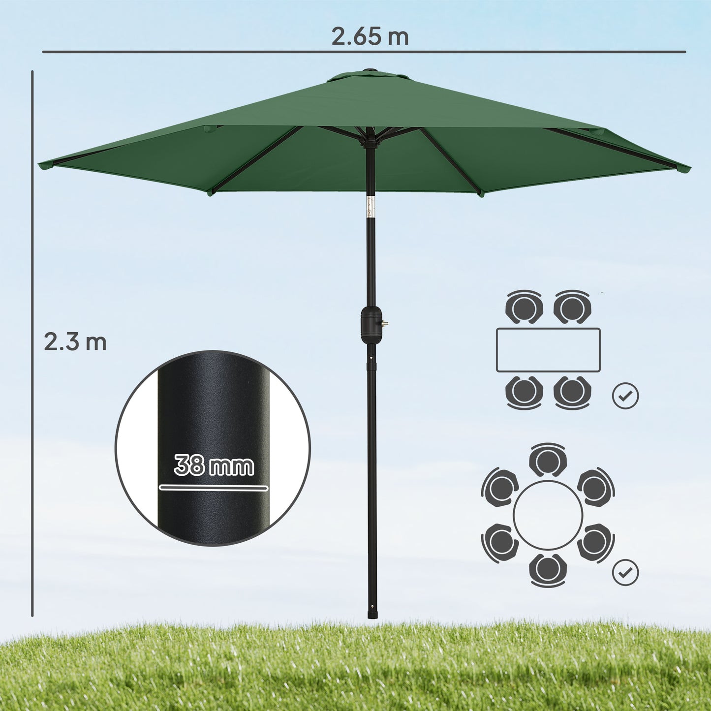 Outsunny 2.6 m Garden Parasol Umbrella With Aluminium Pole Tilt And Crank Vent Dark Green