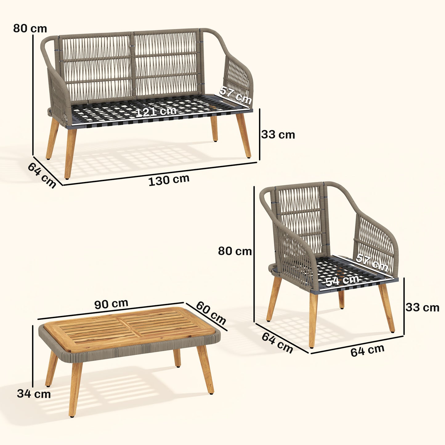 Outsunny 4 Piece Rattan Garden Furniture Set With Loveseat Armchairs And Wood Table Conversation Set Cream White