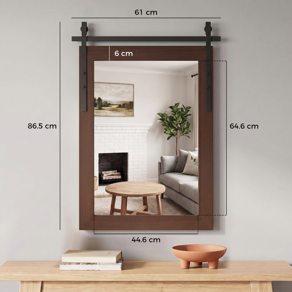 Rectangular dark brown wall mirror with black metal support bars for hanging