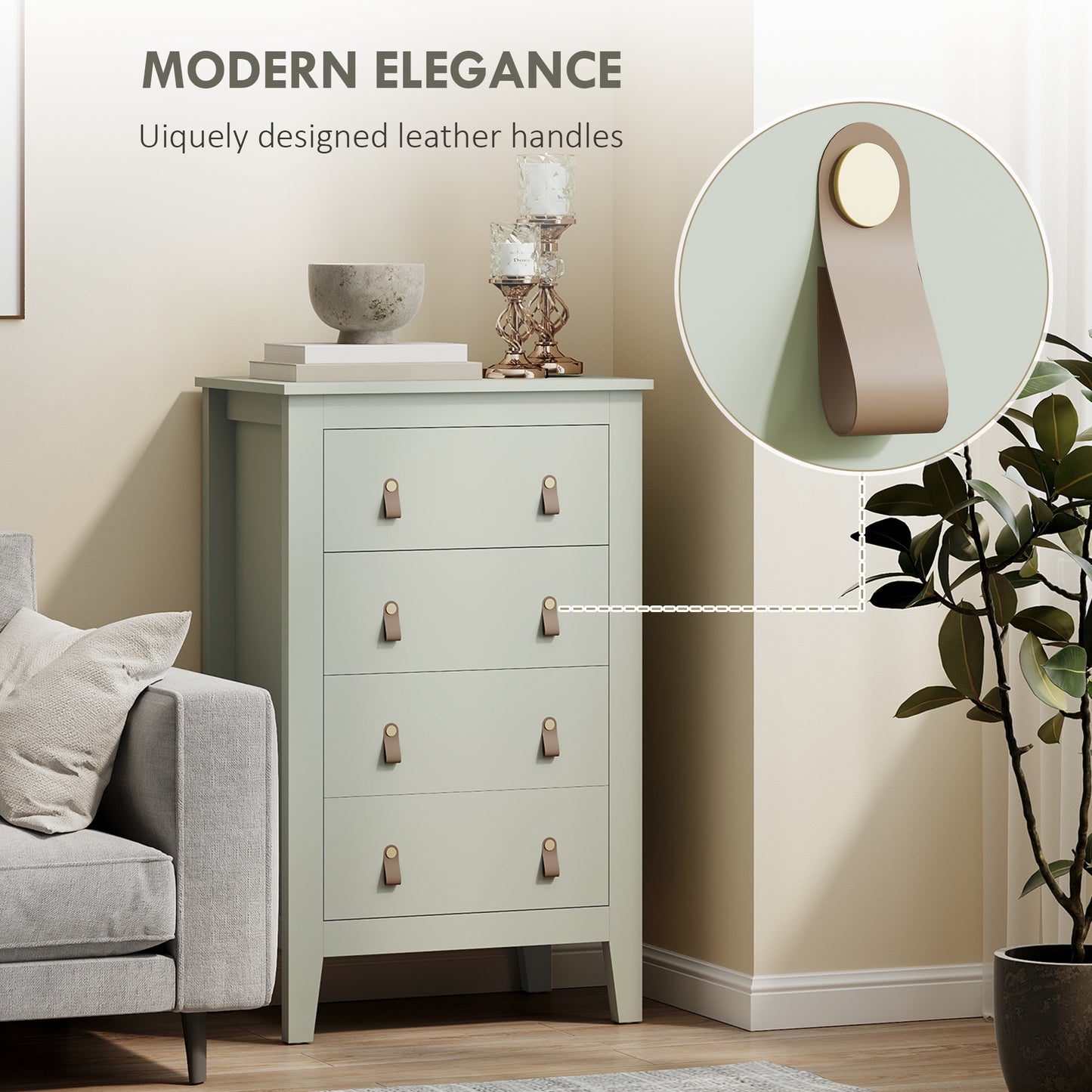 HOMCOM Modern 4 Drawer Dresser Cabinet For Living Room With PU Leather Handles And Metal Runners 60 X 40 X 98 Cm Green
