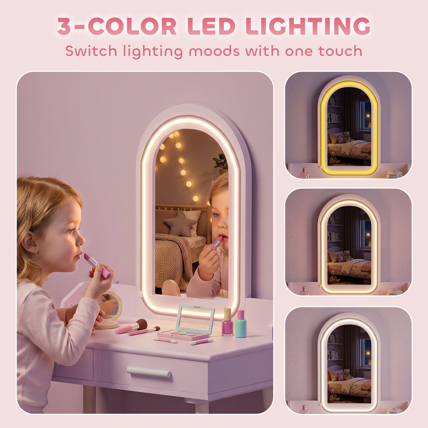 AIYAPLAY Kids Dressing Table And Stool Set With LED Mirror Three Colour Lights Pink For Ages 3 To 8