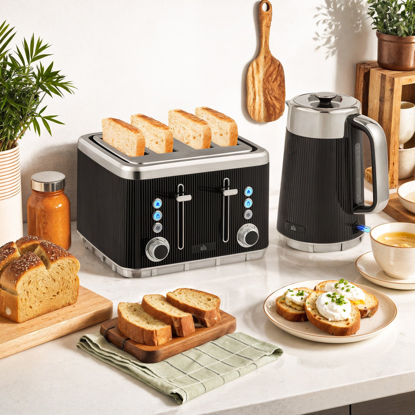 HOMCOM Electric Kettle and Toaster Set 3000W 1.7L Strix Thermostat Limescale Filter Cool Touch 7 Browning Levels Black