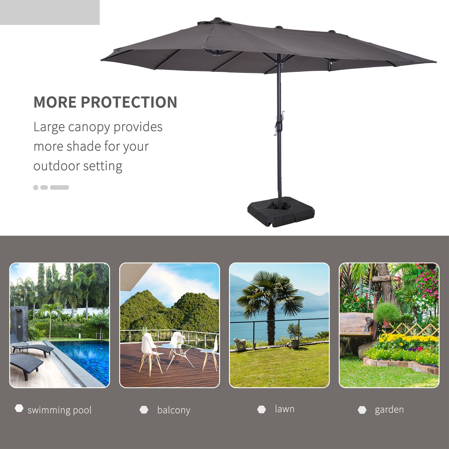 Outsunny 4.6m Double-Sided Patio Umbrella with Crank Lift and Steel Base - Grey Garden Canopy Shade - ALL4U RETAILER LTD