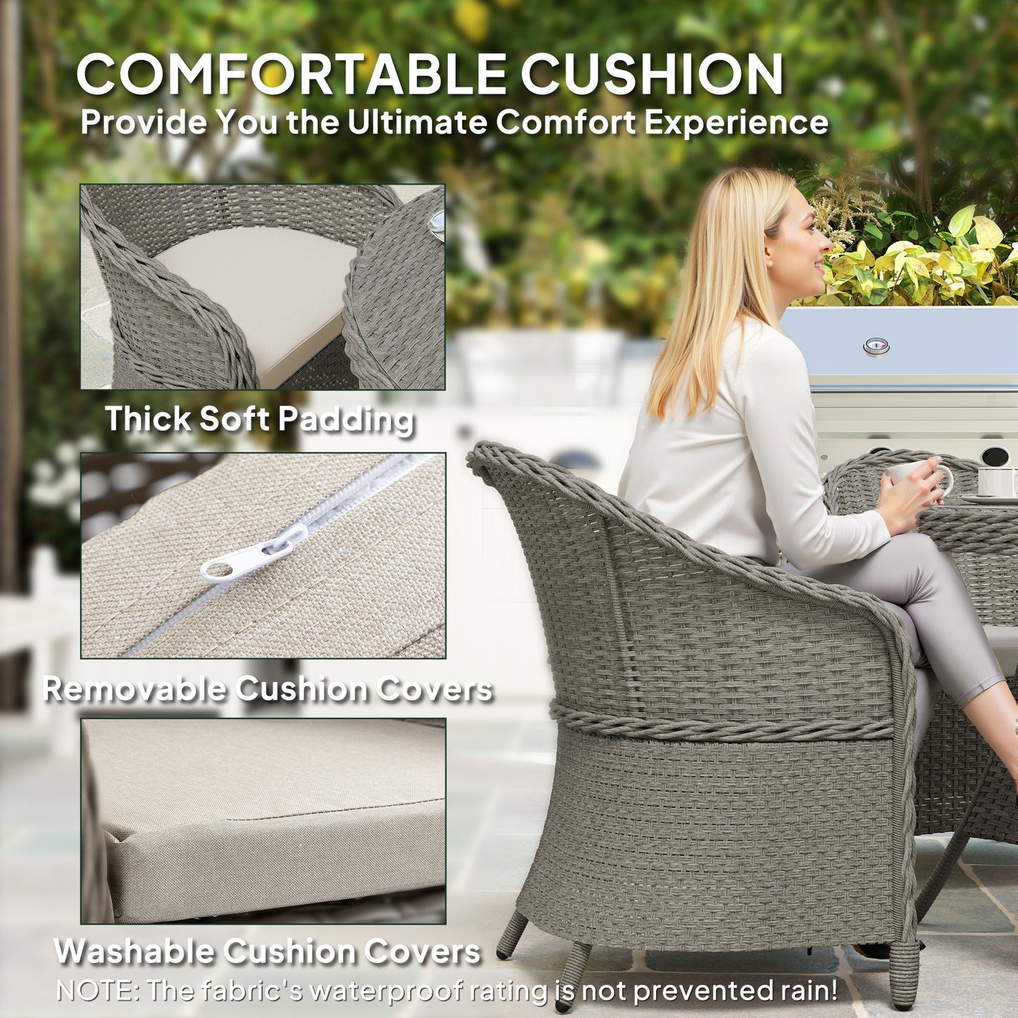 Outsunny 4 Seater Rattan Furniture Set With Cushions Round PE Rattan Dining Set Glass Top Table Umbrella Hole Grey