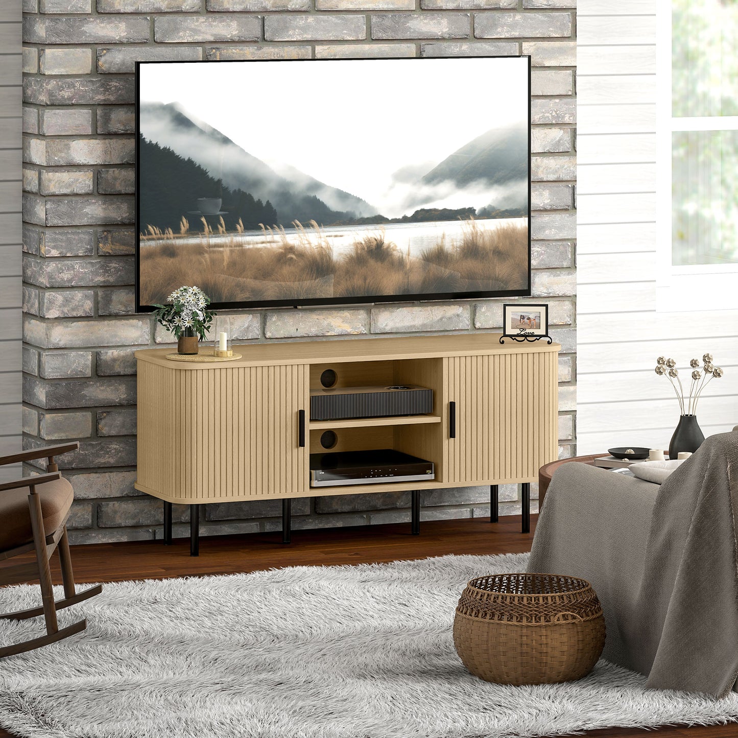 HOMCOM TV Stand Cabinet For TVs Up To 55 Inches Oak Tone With Storage Shelves And Cupboard For Living Room