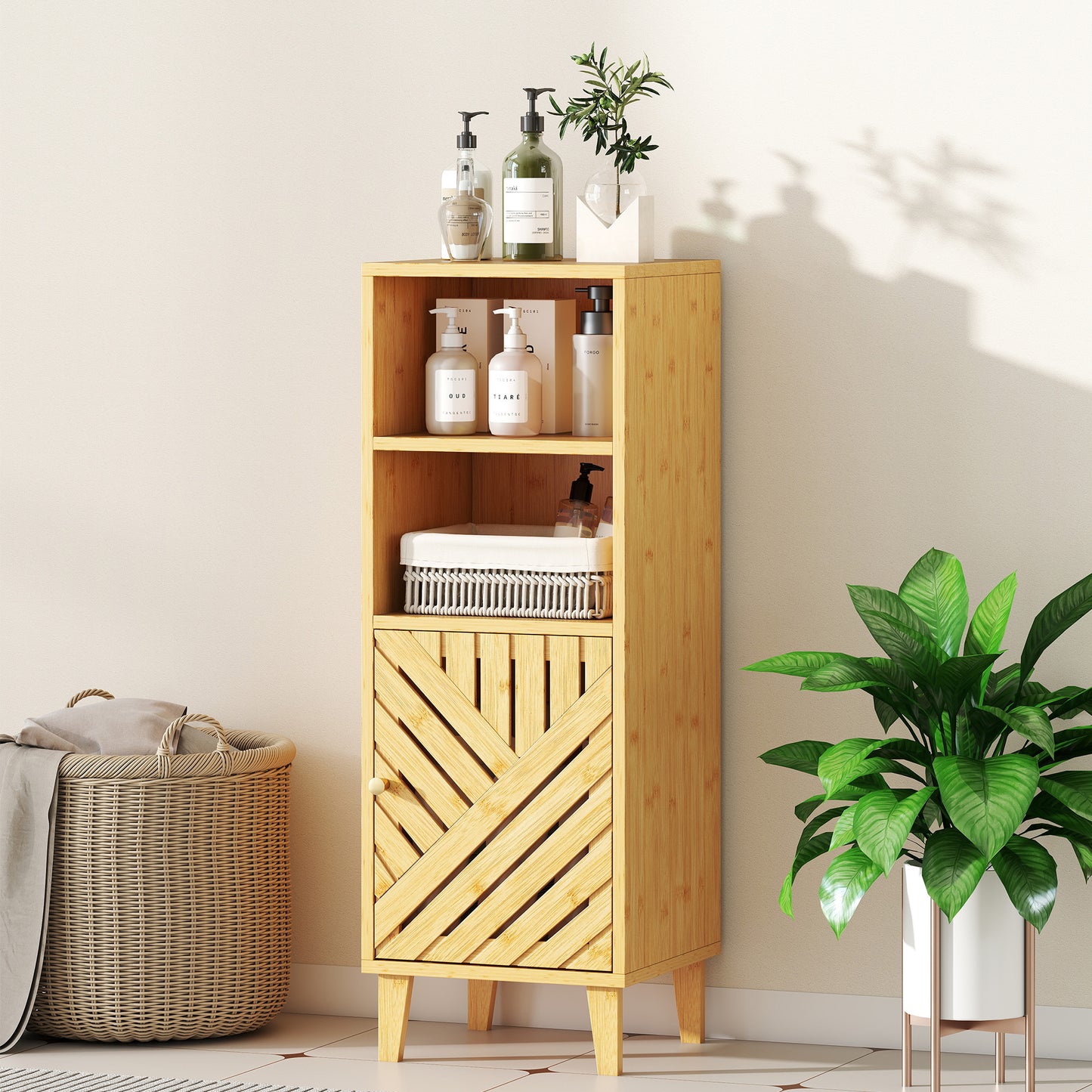 HOMCOM Slim Bathroom Cabinet With Bamboo Door And Legs Freestanding Storage Cupboard Compartments Natural Wood Finish