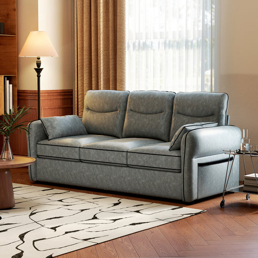 Grey 3-seater faux leather sofa with padded armrests and back cushions