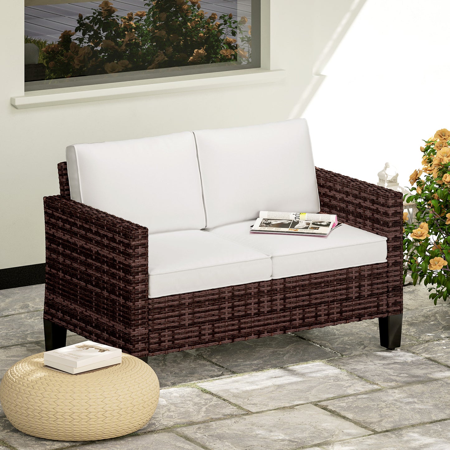Outsunny Two Seater Rattan Outdoor Sofa Brown With Cushions And Adjustable Feet