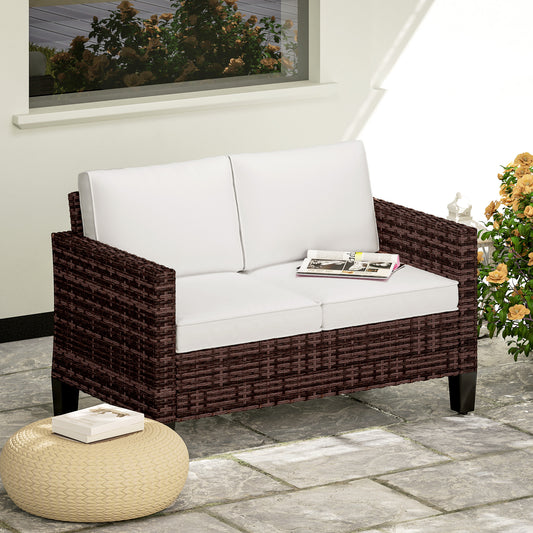 Outsunny Two Seater Rattan Outdoor Sofa Brown With Cushions And Adjustable Feet