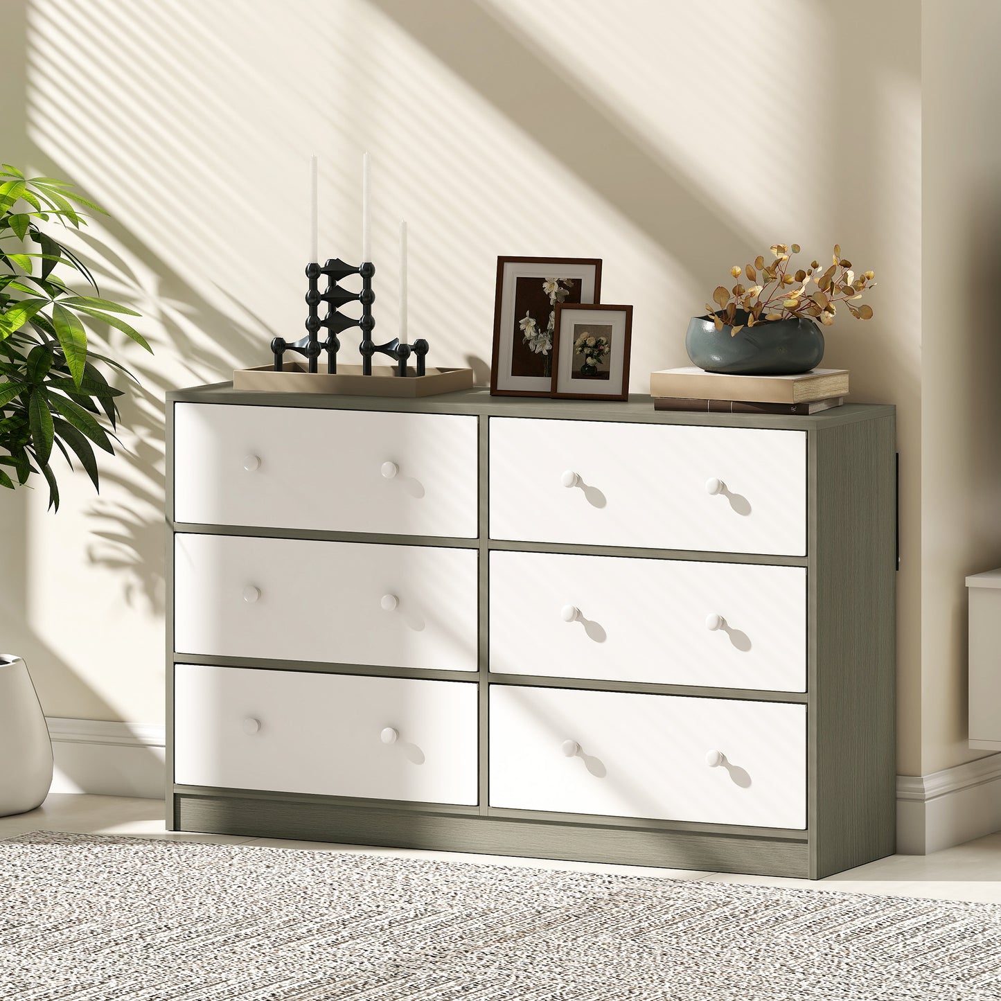 HOMCOM Six Drawer Fabric Dresser Chest White and Grey Wood Effect MDF and Steel Frame