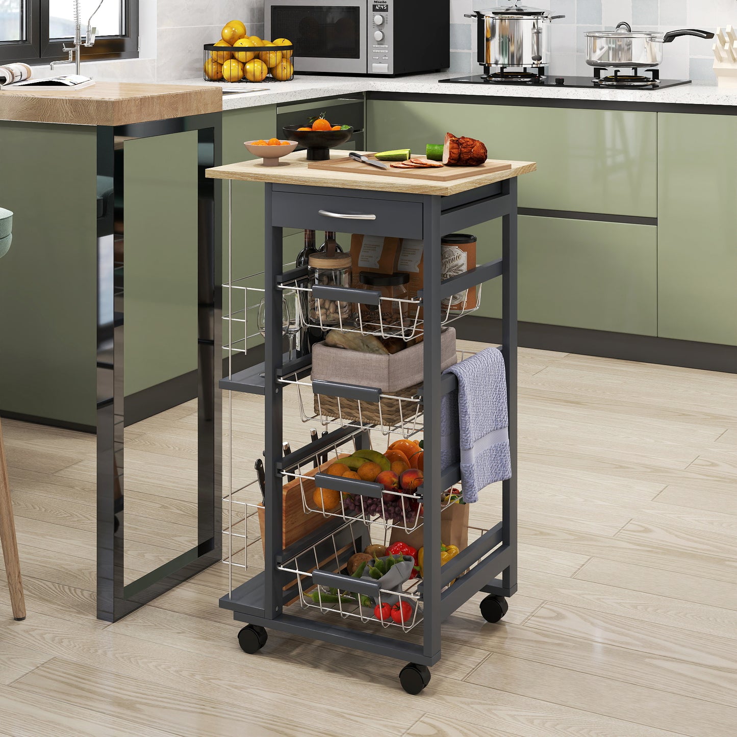 HOMCOM Rolling Kitchen Cart With Four Basket Drawers And Side Racks On Wheels For Dining Room Grey