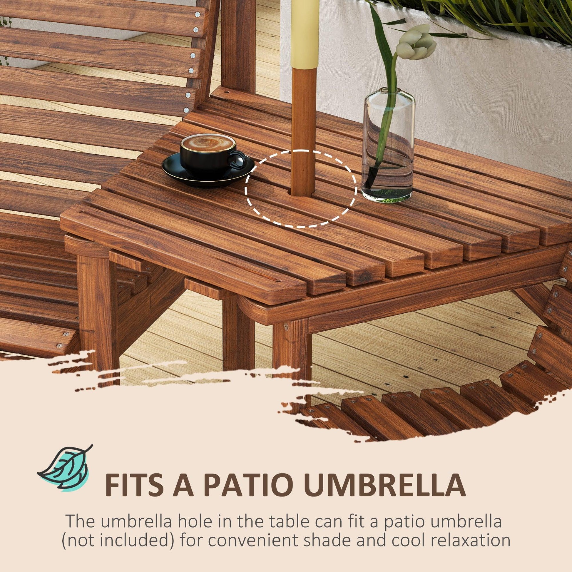 Outsunny Wooden Garden Love Seat w/ Coffee Table Umbrella Hole, Tan Brown - ALL4U RETAILER LTD