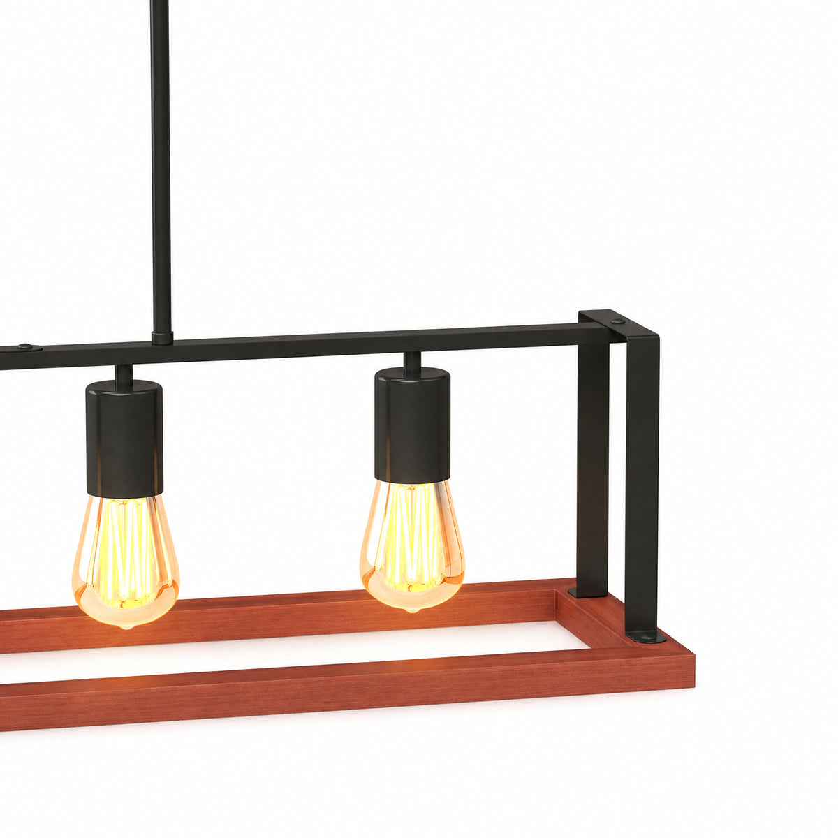 Black linear pendant light with four exposed bulbs on wood base and black frame