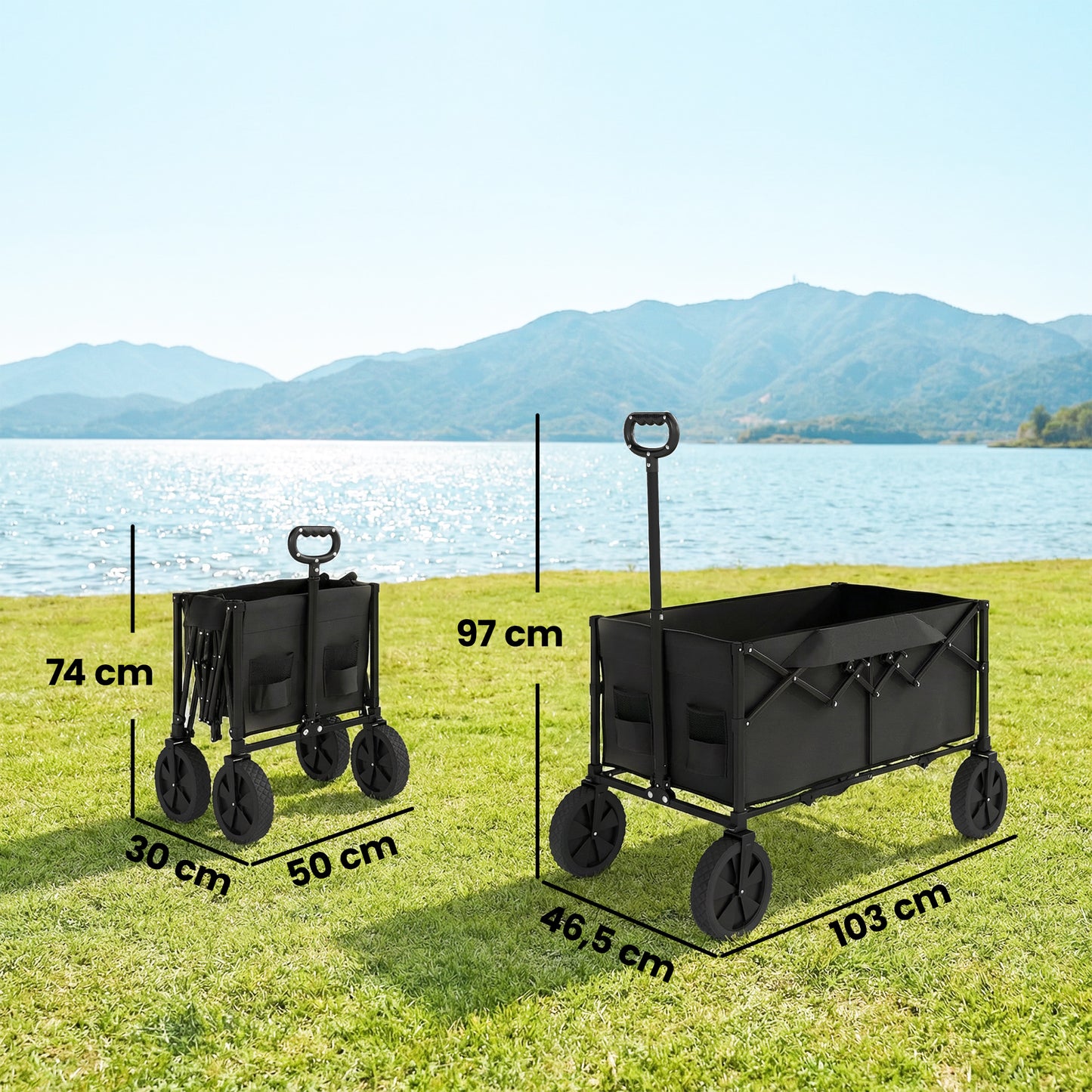 Outsunny 95L Foldable Festival Trolley on Wheels Collapsible Wagon Cart with Adjustable Handle and 2 Cup Holders Black