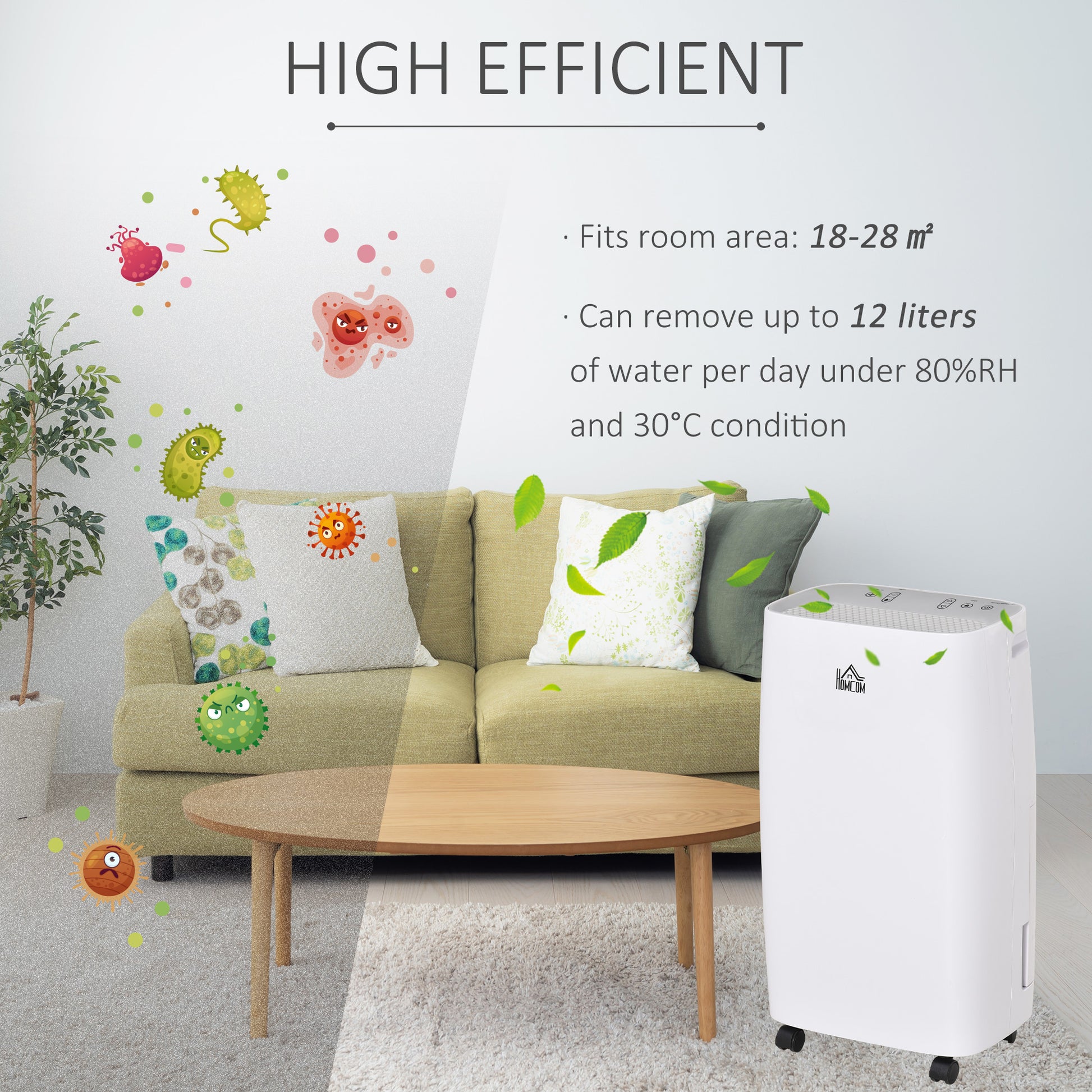 HOMCOM 12L/Day Compact Dehumidifier with 24H Timer, Humidity Control, and Mobility Wheels - White - ALL4U RETAILER LTD