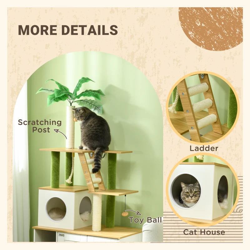 PawHut 2-in-1 Cat Tree Tower with Hidden Litter Box, Green Leaf Design, Oak - House, Ladder, Scratching Posts, Platforms for Indoor Cats - ALL4U RETAILER LTD