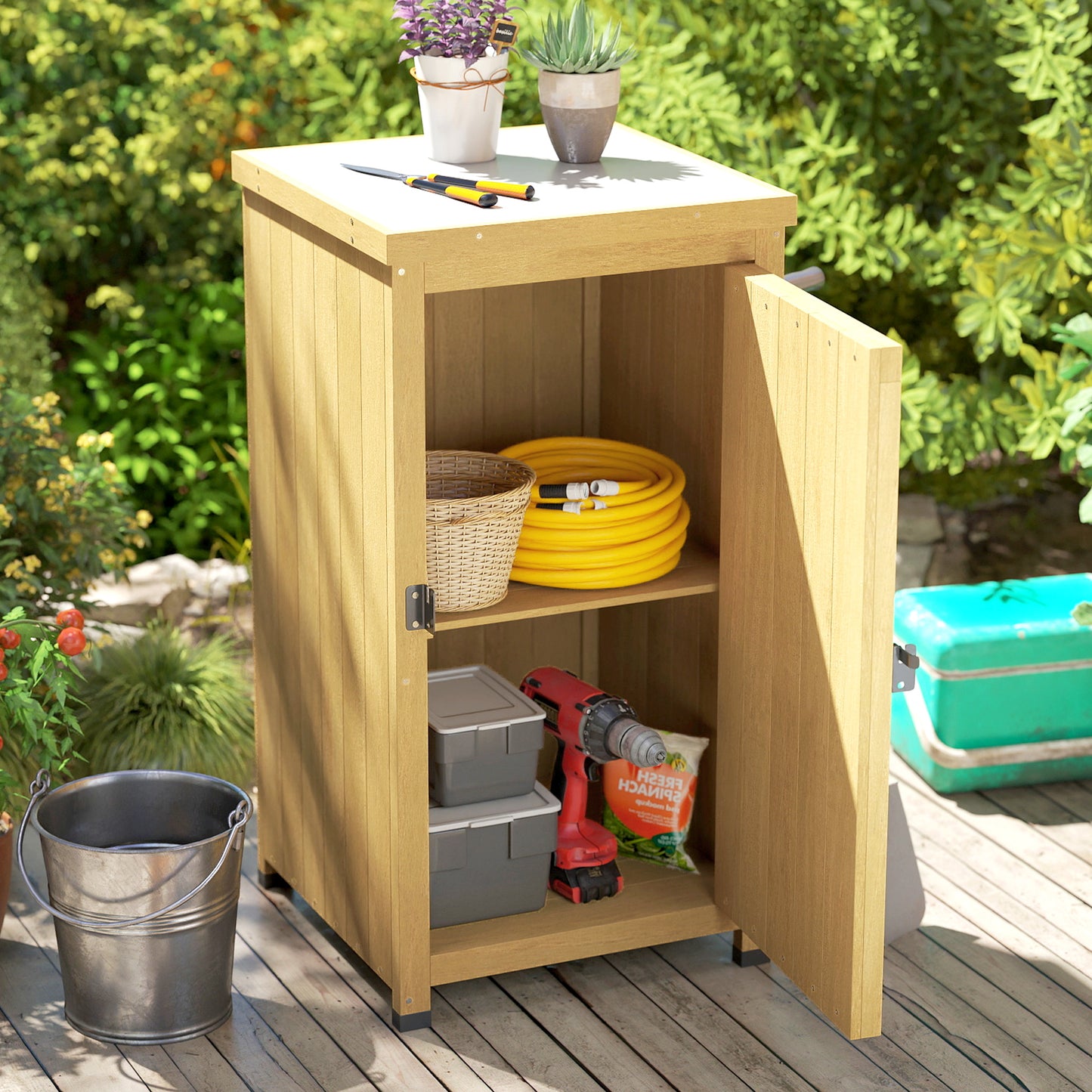 Outsunny Wooden Garden Shed Garden Tool Storage Shed With Metal Top And Shelf Light Brown