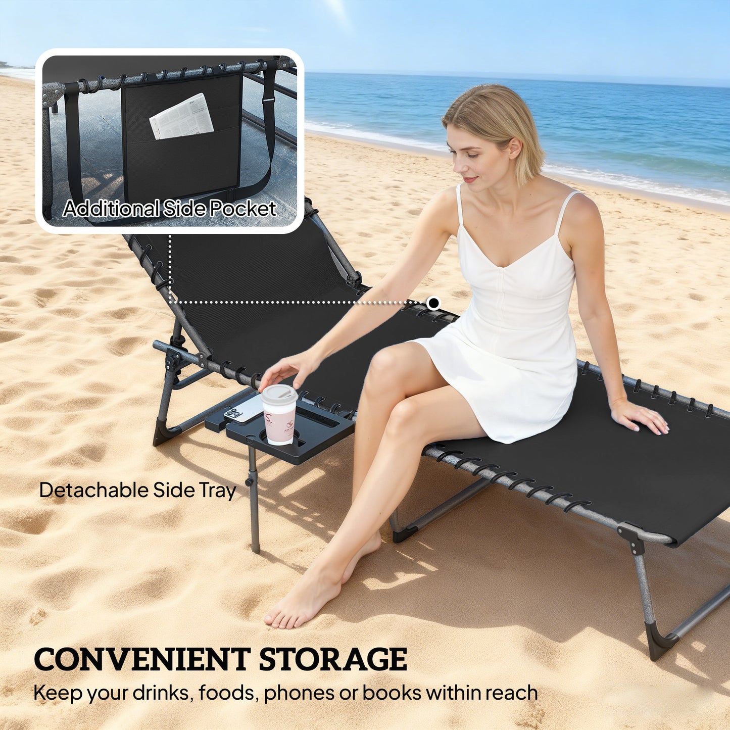 Outsunny Five Position Reclining Sun Loungers Set Of Two In Black With Powder Coated Steel Frames And Removable Pillow