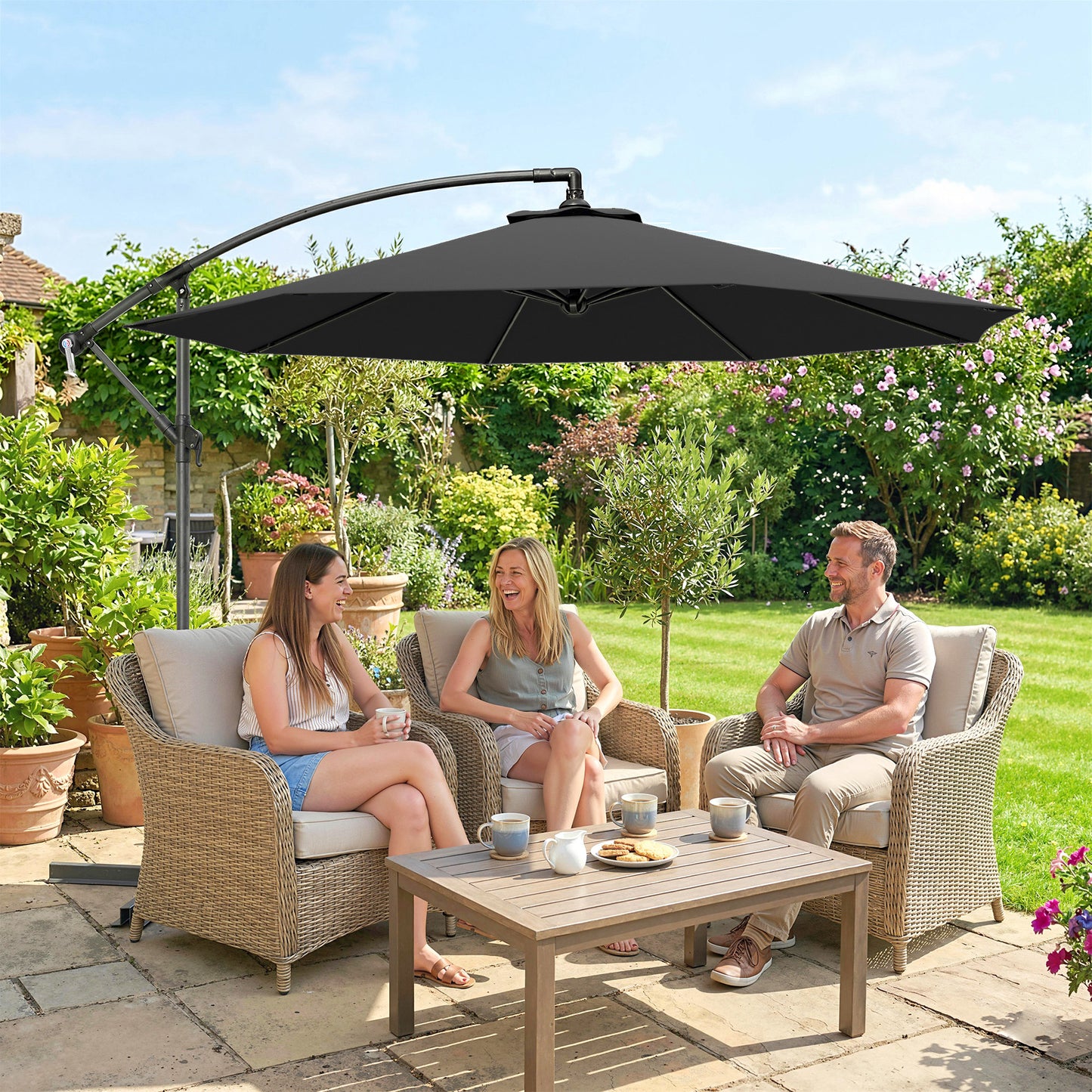 Outsunny 3m Overhanging Cantilever Parasol With Cross Base Black For Patio Garden Sun Shade And Durable Canopy