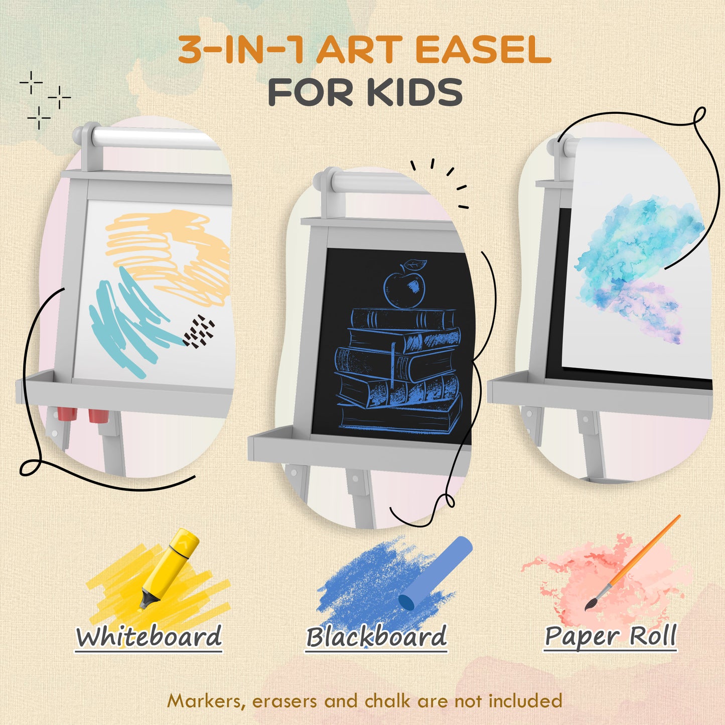 AIYAPLAY 3 in 1 Kids Easel Double Sided Magnetic Whiteboard and Chalkboard with Paper Roll and Storage Baskets Grey