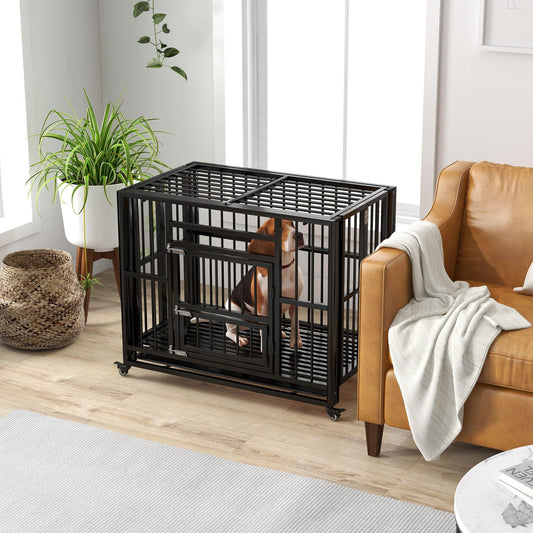 PawHut Foldable Heavy Duty Dog Crate with Openable Top, Locks, Removable Tray - Black - ALL4U RETAILER LTD