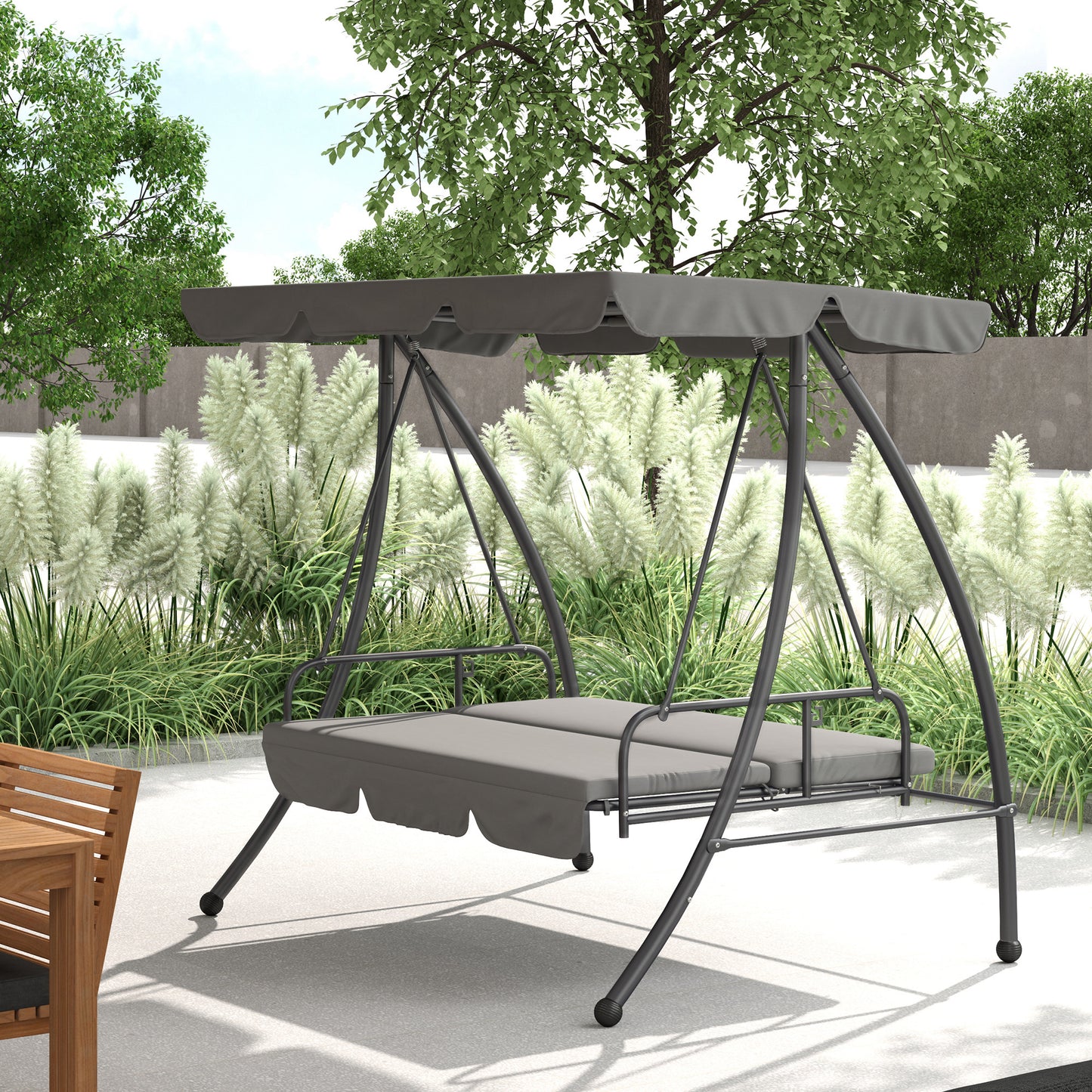 Outsunny 2 in 1 Outdoor Swing Chair Lounger for 3 Seater Garden Canopy Cushion Light Grey