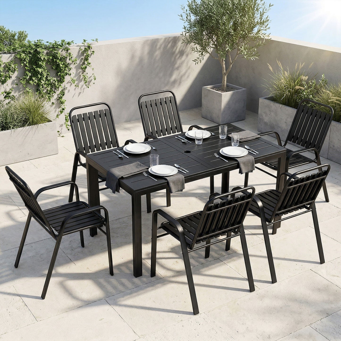 Outsunny 7 Piece Outdoor Dining Set With Umbrella Hole For 6 People Metal Table And Stackable Chairs
