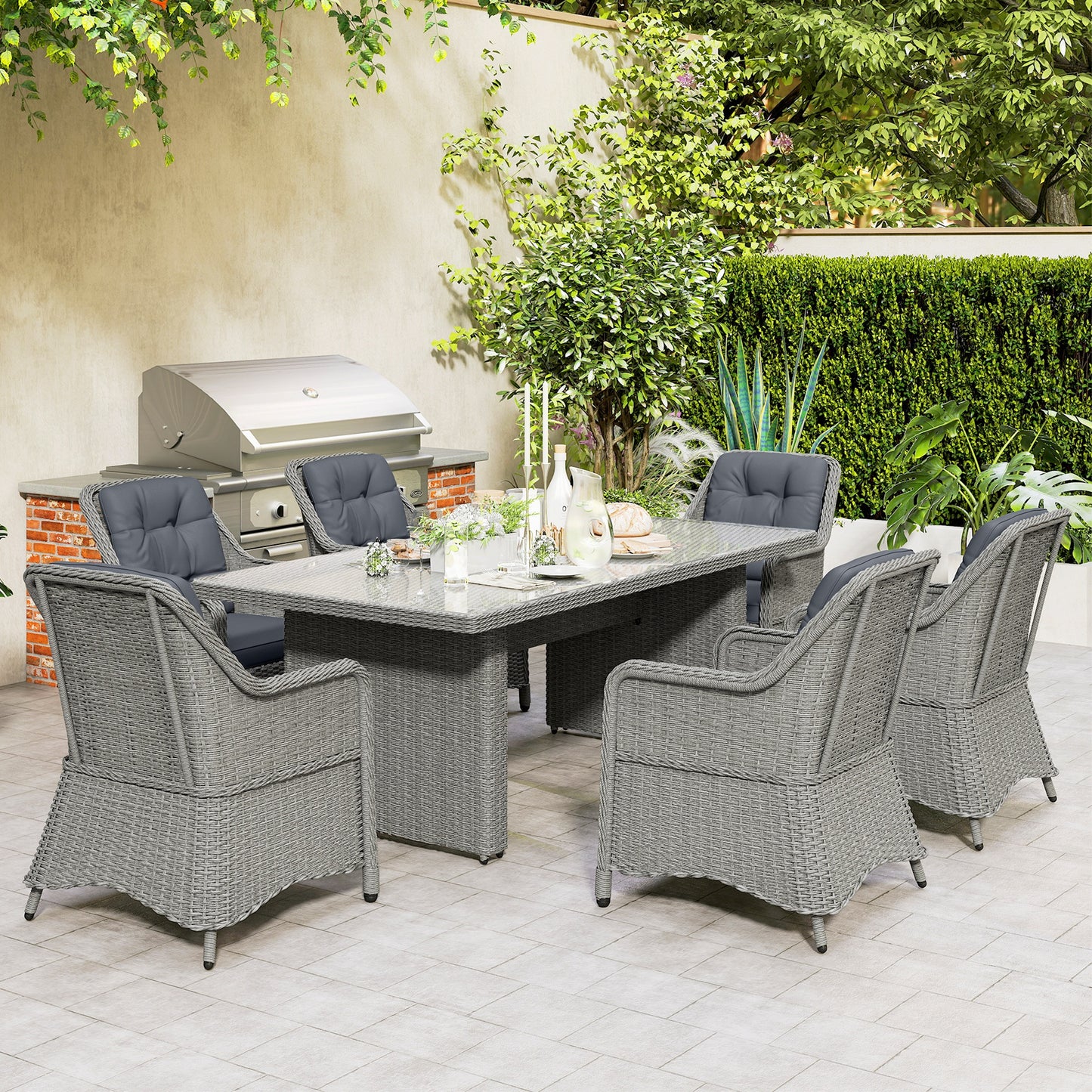 Outsunny Seven Piece Rattan Dining Set In Mixed Grey For Outdoor Garden Patio With Elevated Table And Chairs