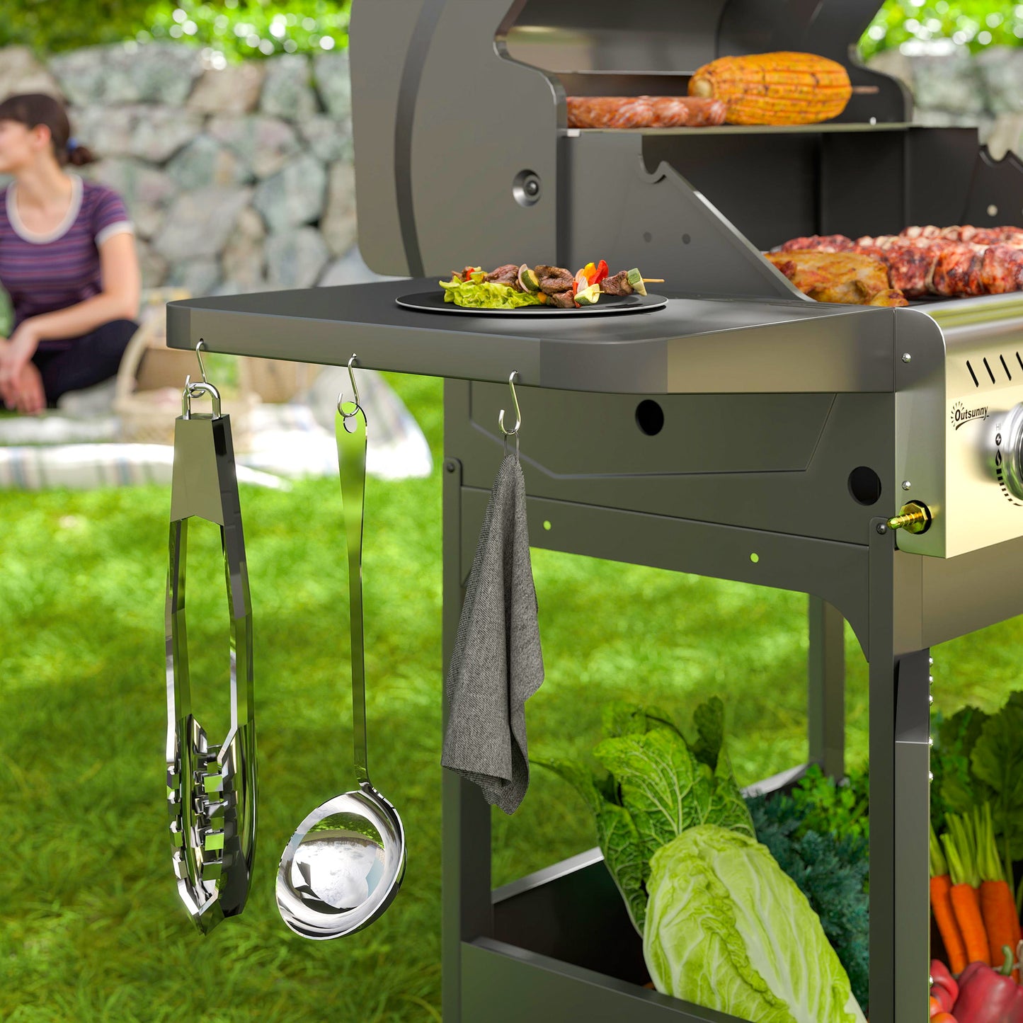 Outsunny 7.5kW Three Burner Gas BBQ Grill With See Through Lid Black For Outdoor Grilling And Family Meals