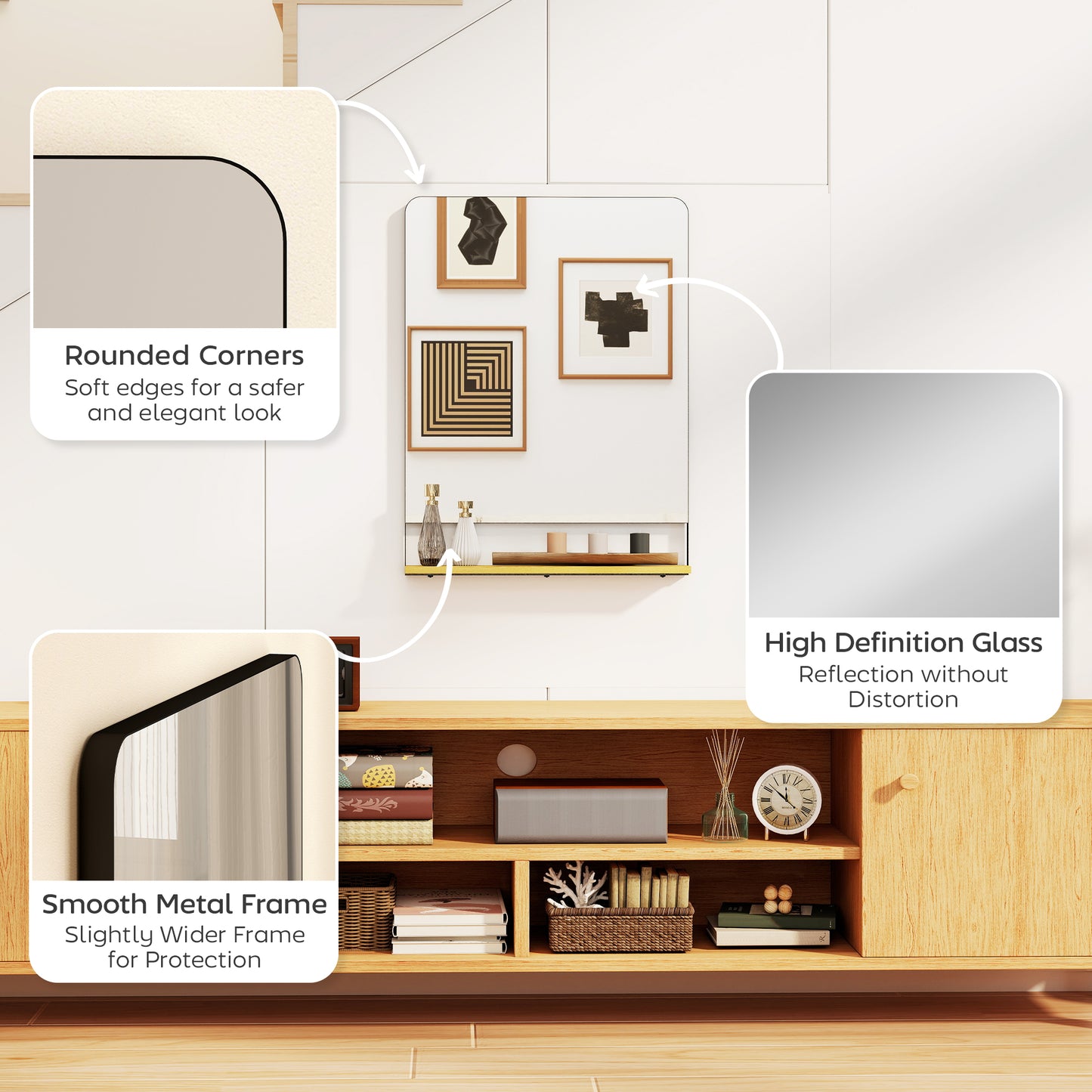 Homcom Wall Mirror With Wood Shelf Black Metal Frame Industrial Entryway Decor Solution